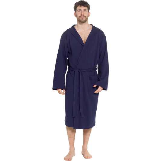 Men’s Hooded Waffle Cotton Bathrobe Navy Super Absorbent Spa Robe Luxury Dressing Gown for Home & Loungewear by Sock Stack