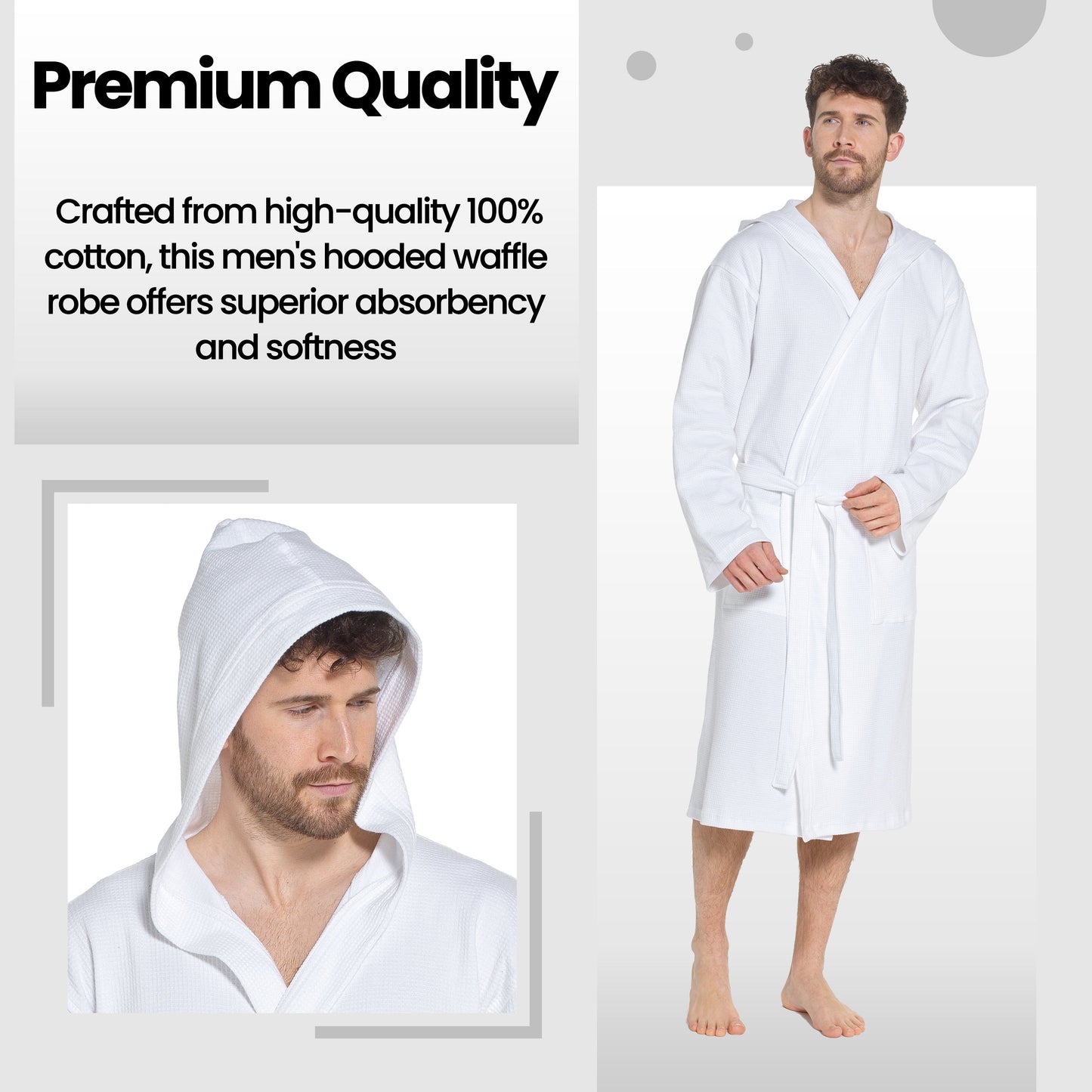 Men’s Hooded Waffle Cotton Bathrobe White Super Absorbent Spa Robe Luxury Dressing Gown for Home & Loungewear by Sock Stack