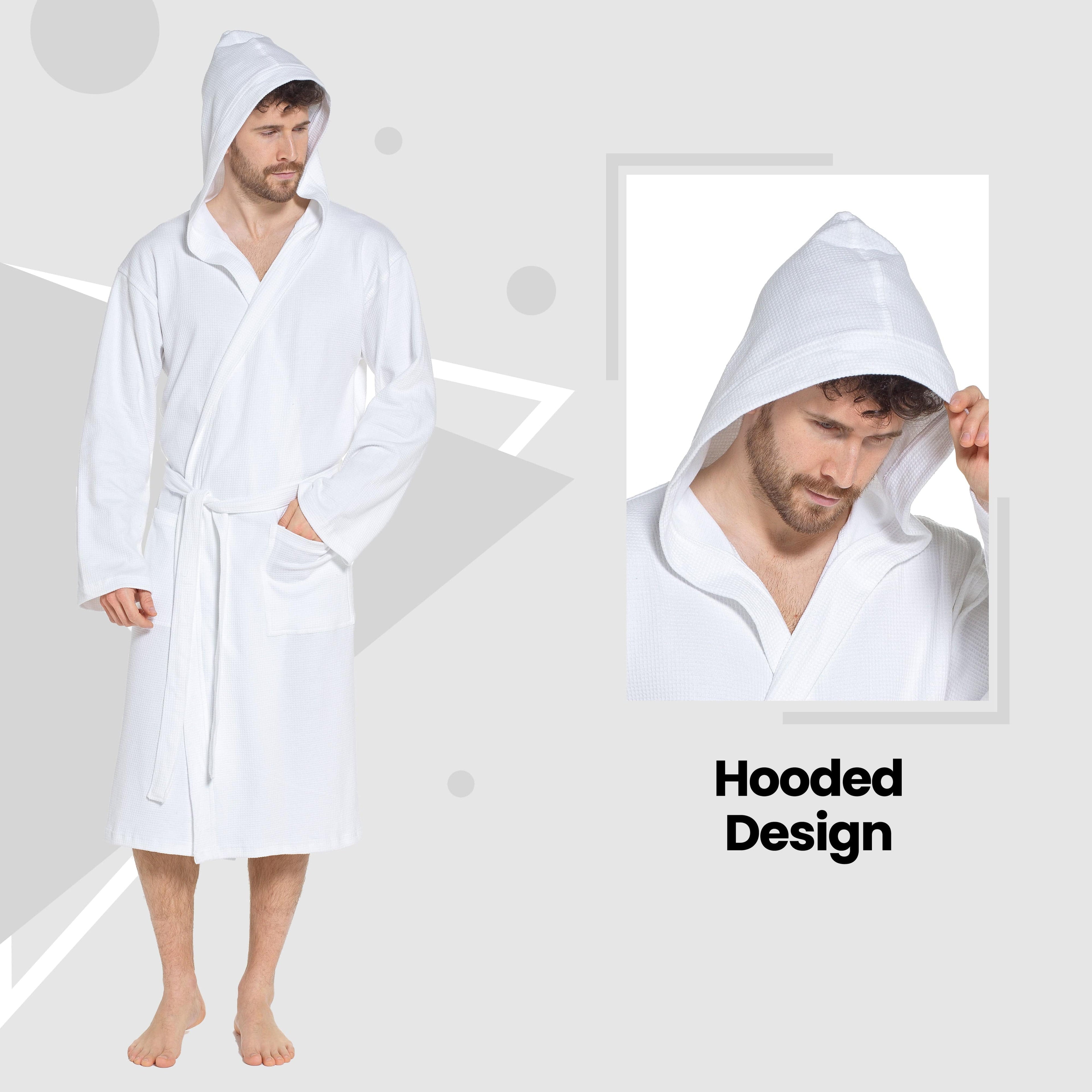 Sock Stack Men’s Hooded Cotton Bathrobe Waffle Knit White Super Absorbent Easy Care