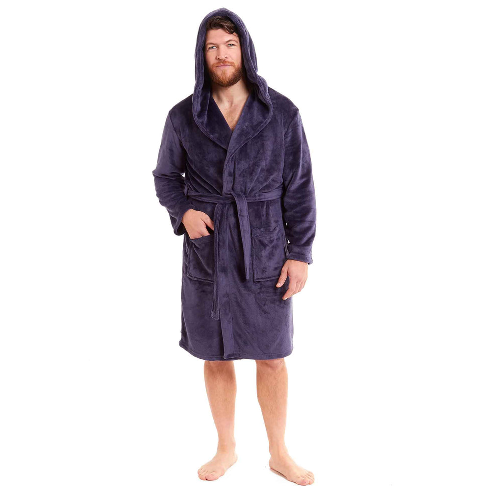 Daisy Dreamer Men's Hooded Plush Flannel Bathrobe Ultra Soft Warm Fleece Dressing Gown for Home Spa Gym Hotel Everyday Wear