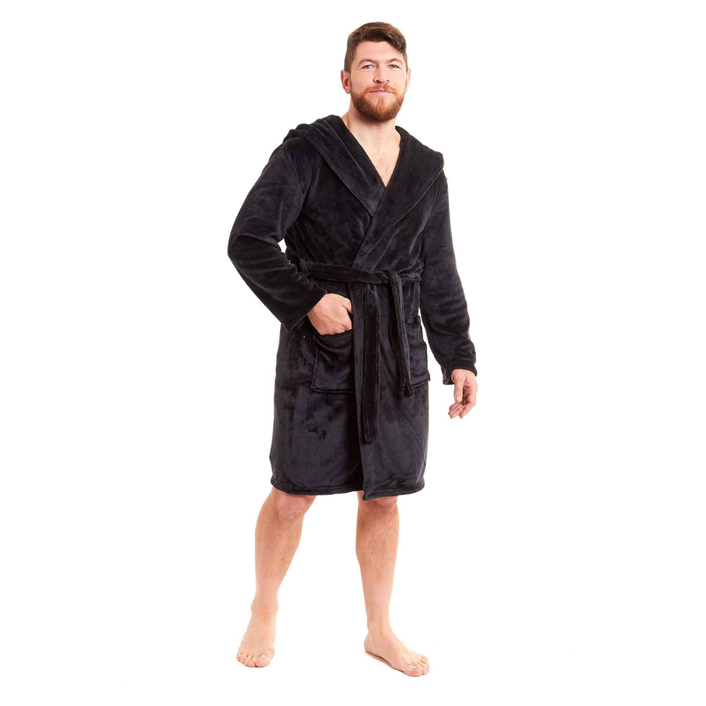 Daisy Dreamer Men's Hooded Plush Flannel Bathrobe Ultra Soft Warm Fleece Dressing Gown for Home Spa Gym Hotel Everyday Wear