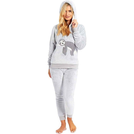 Mother Daughter Matching Sloth Hooded Fleece Pyjamas Plush Flannel Twosie Loungewear with Sherpa Lining Multiple Sizes Cozy Embroidered Sloth Design by Daisy Dreamer