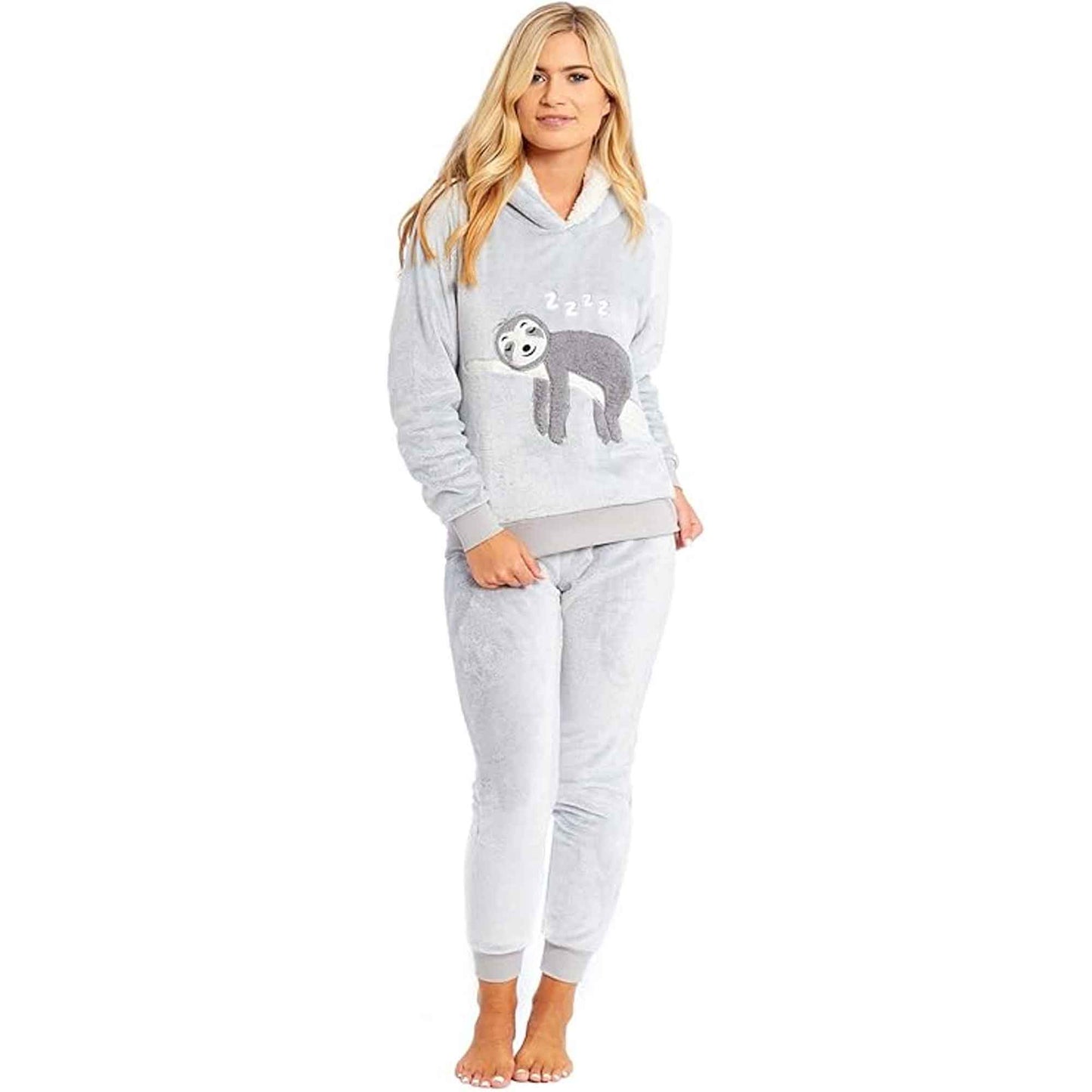 Mother Daughter Matching Sloth Hooded Fleece Pyjamas Plush Flannel Twosie Loungewear with Sherpa Lining Multiple Sizes Cozy Embroidered Sloth Design by Daisy Dreamer