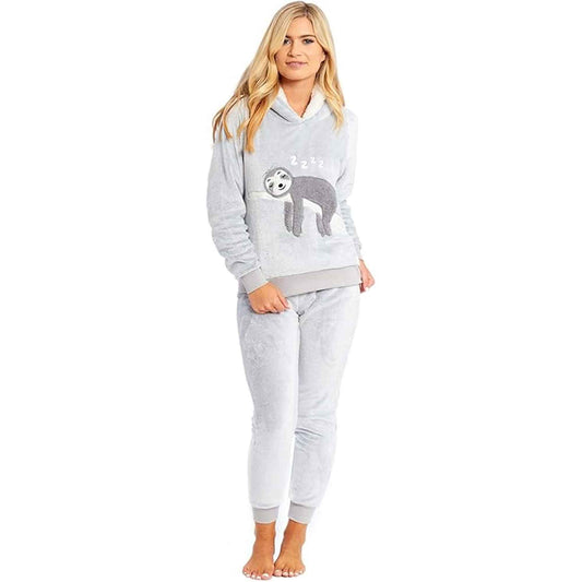 Mother Daughter Matching Sloth Hooded Fleece Pyjamas Plush Flannel Twosie Loungewear with Sherpa Lining Multiple Sizes Cozy Embroidered Sloth Design by Daisy Dreamer