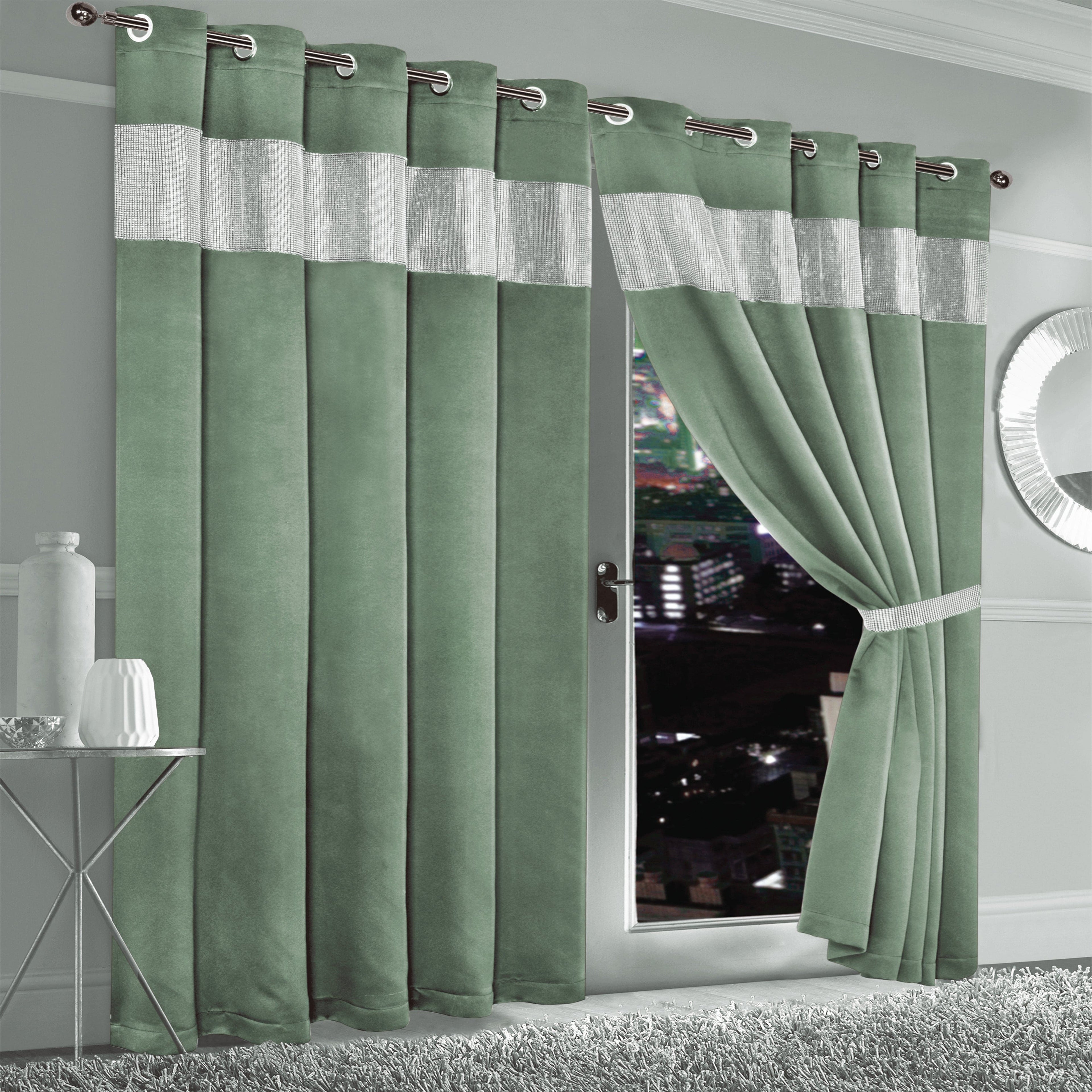 OLIVIA ROCCO Diamante Sage Green Blackout Eyelet Curtains With Tie Backs Thermal Ring Top