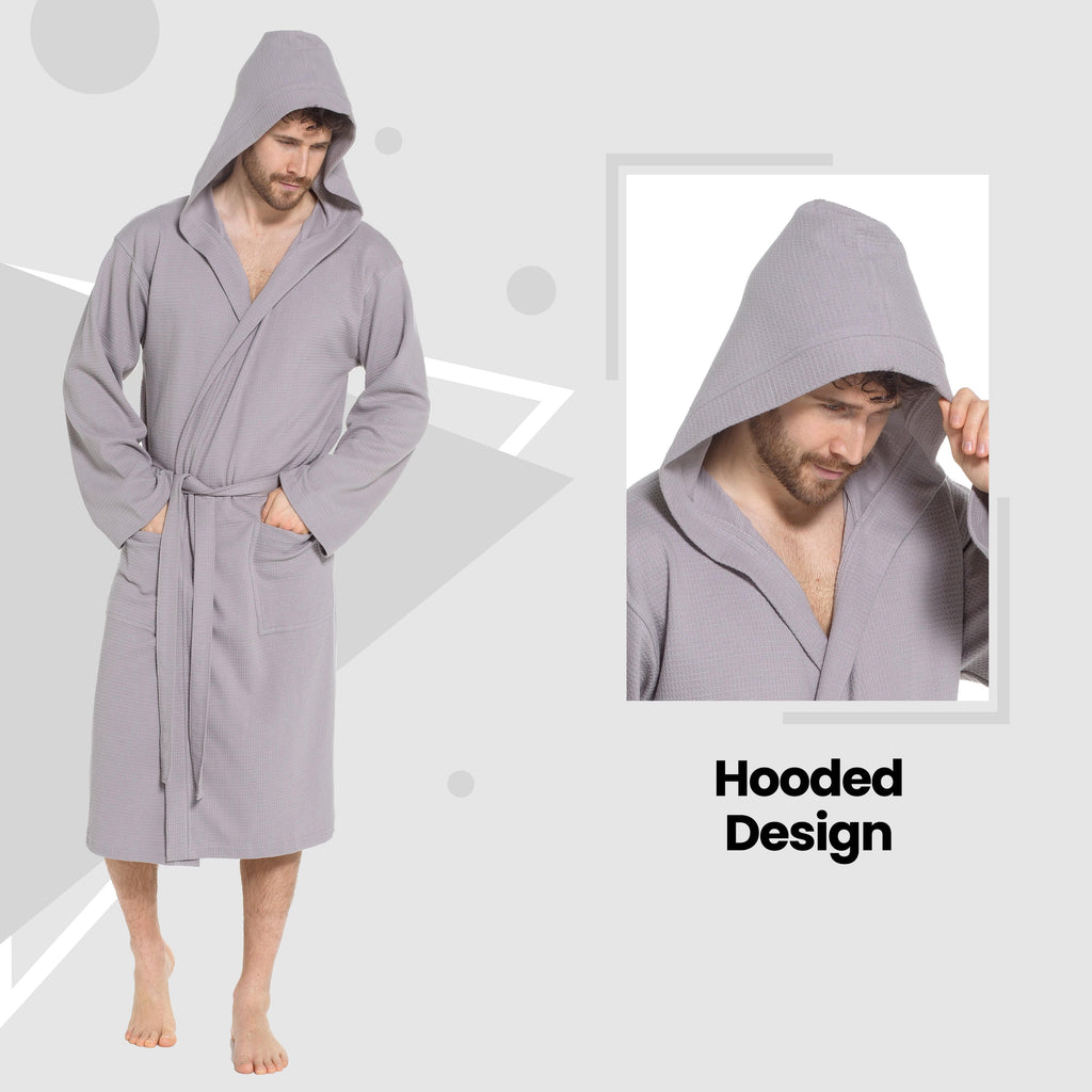 OLIVIA ROCCO Men's Hooded Waffle Cotton Bathrobe Grey 100% Cotton Super Absorbent Spa