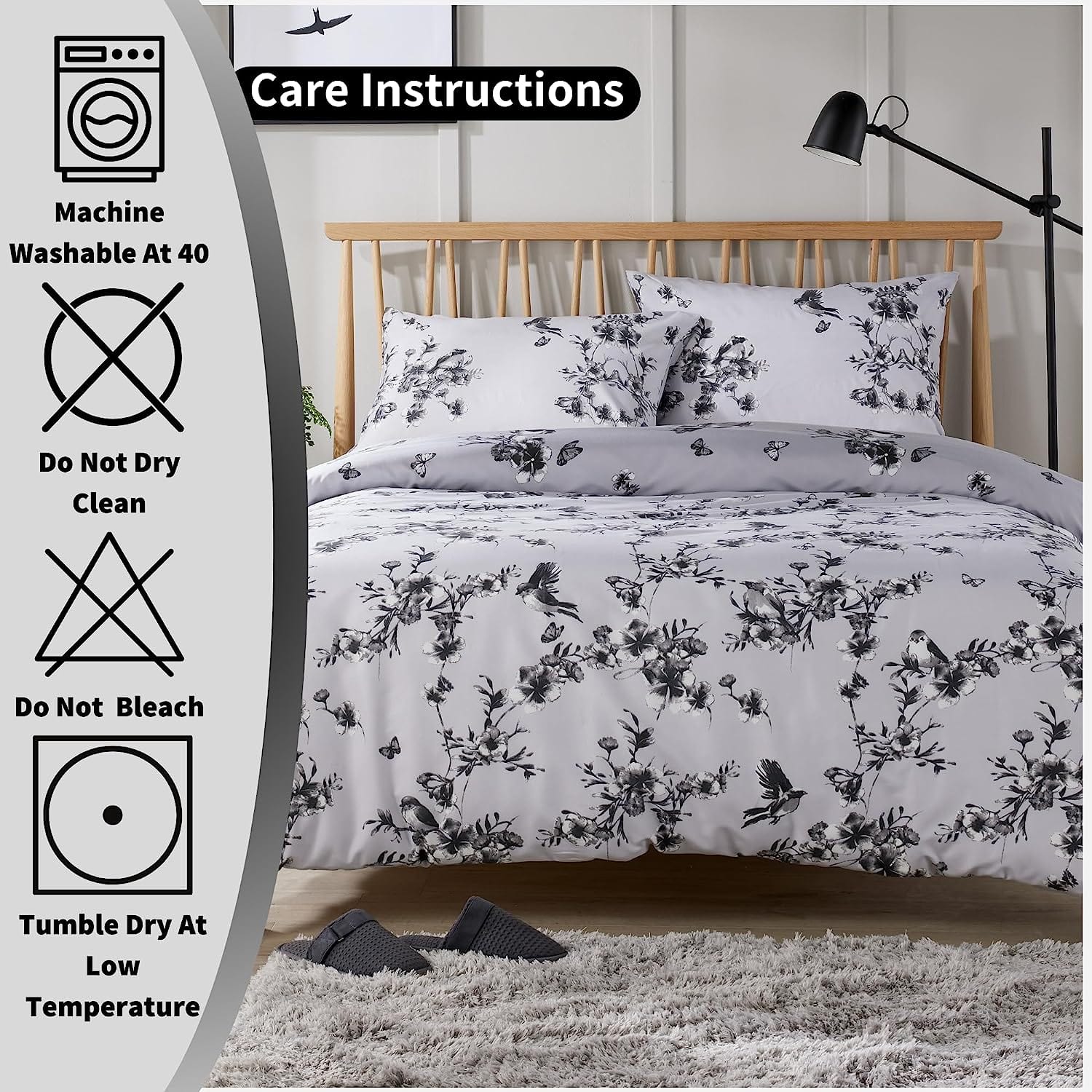 OLIVIA ROCCO Blossom Grey Printed Reversible Quilted Duvet Cover Set Easy Care Hotel-Quality Easy-Care Bedroom