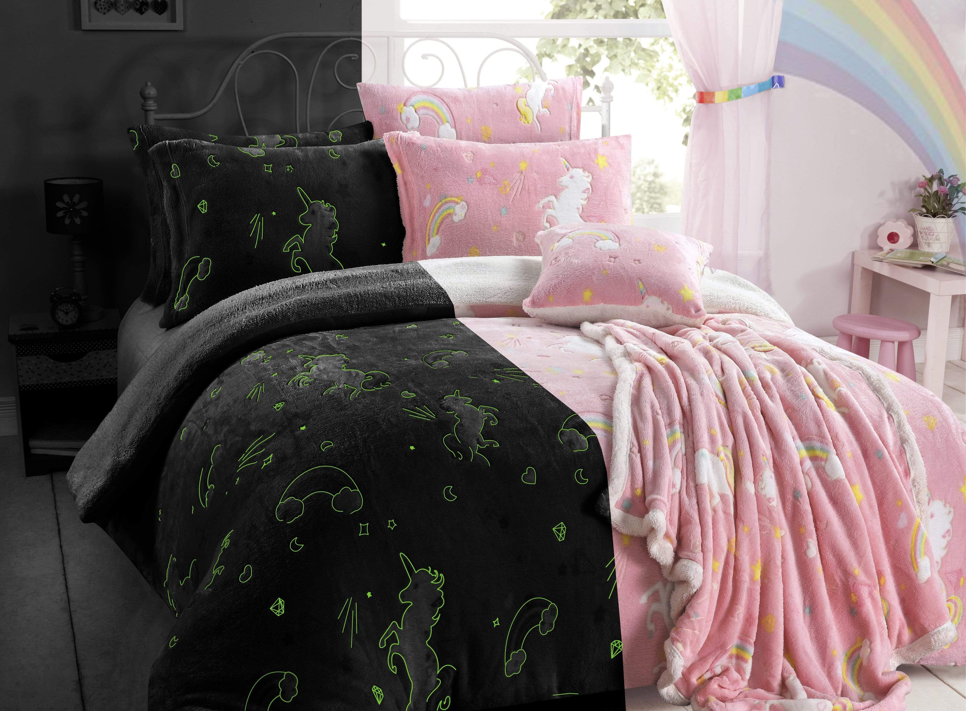 OLIVIA ROCCO Rainbow Unicorn Glow In The Dark Teddy Fleece Duvet Set For Kids Super Soft