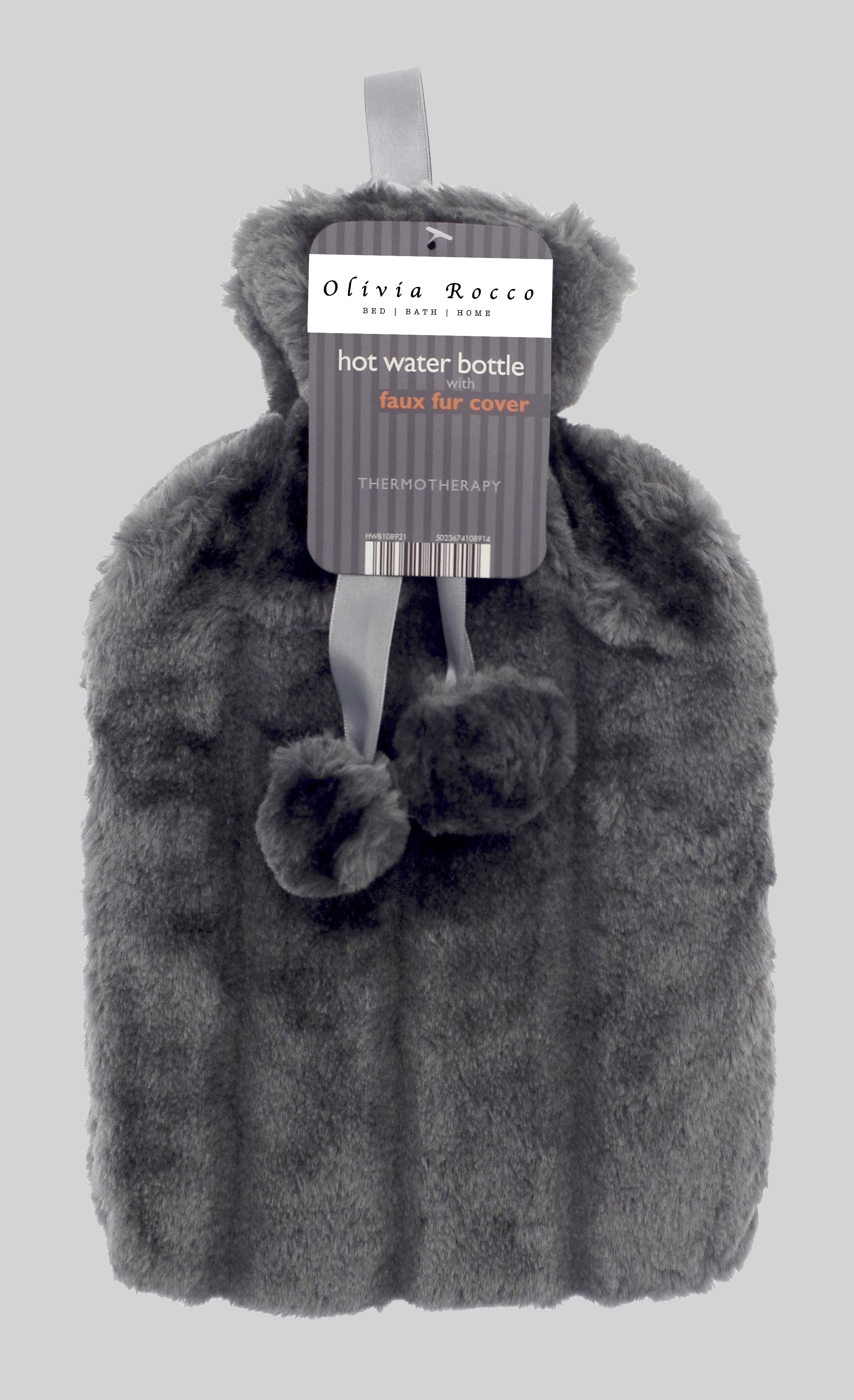 OLIVIA ROCCO Hot Water Bottle 2L With Faux Fur Pom Pom Cover Soft Plush Natural Rubber UK