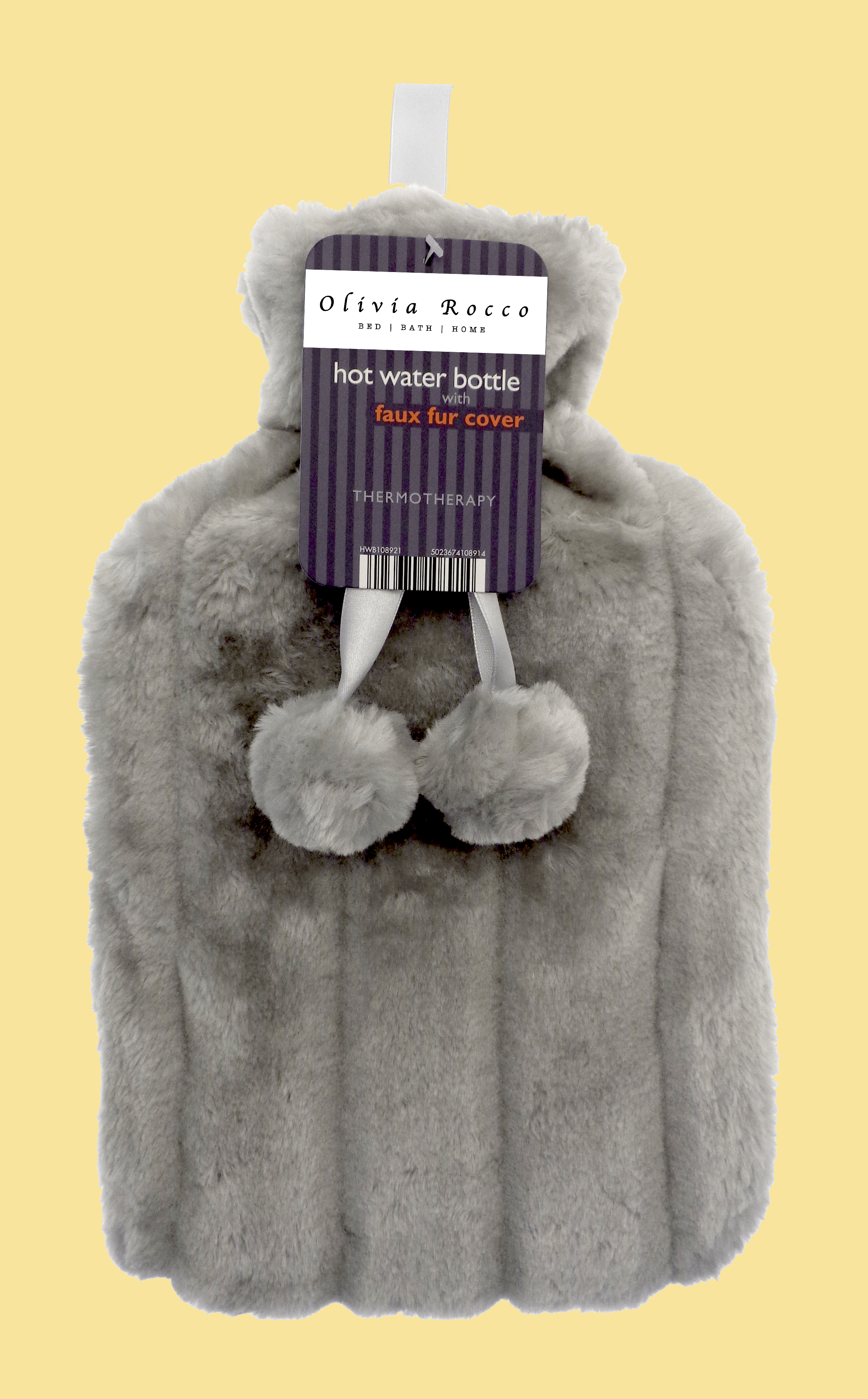 OLIVIA ROCCO Hot Water Bottle 2L With Faux Fur Pom Pom Cover Soft Plush Natural Rubber UK