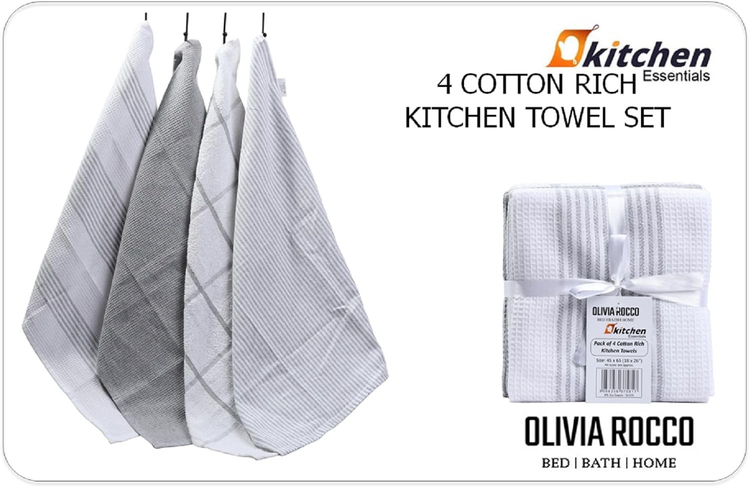 OLIVIA ROCCO Pack Of 4 Green Cotton Tea Towels 65x45 Cm High Absorbency Durable Super Soft Easy-Care Home Essential