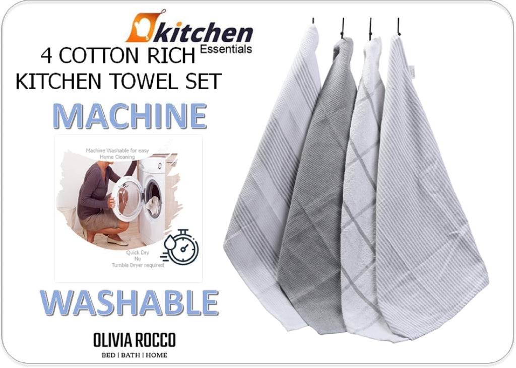 OLIVIA ROCCO Pack Of 4 Green Cotton Tea Towels 65x45 Cm High Absorbency Durable Super Soft Easy-Care Home Essential