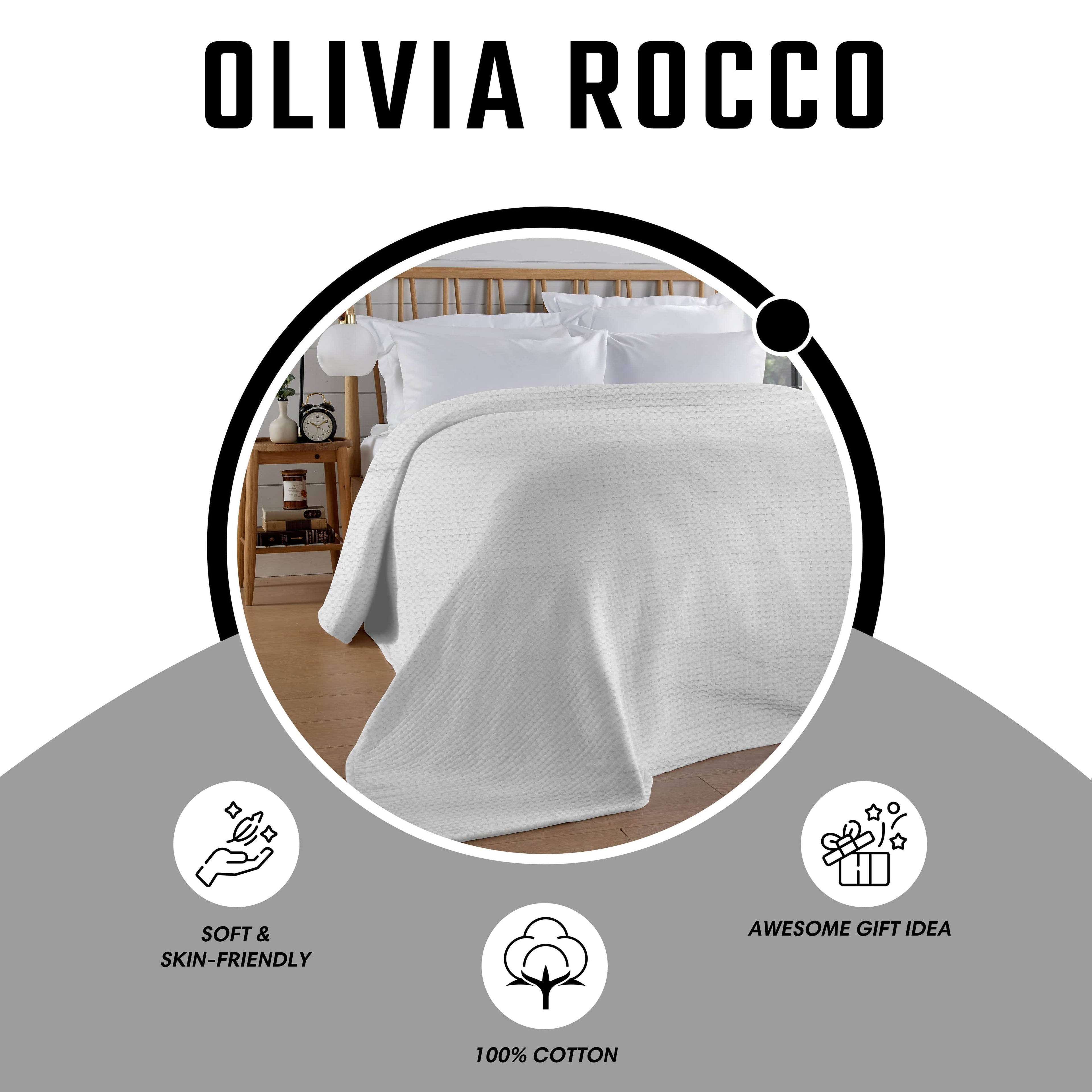 OLIVIA ROCCO Florian Checked Throw Blanket White 100% Cotton Bedspread For Sofa And Bed