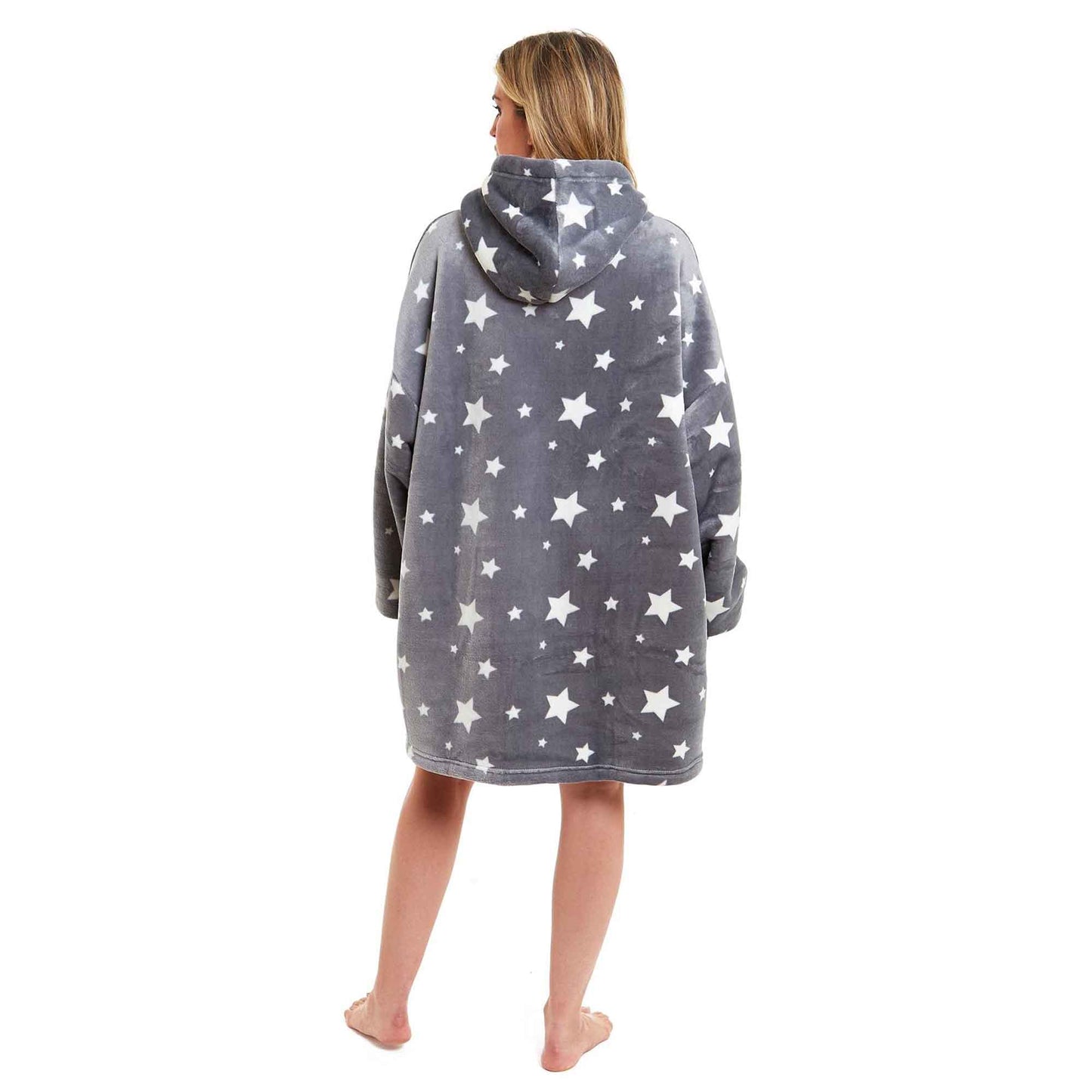 Oversized Grey Stars Hooded Blanket Ultra Soft Sherpa Fur Lining Plush Flannel Loungewear One Size Fits All for Adults and Kids by Daisy Dreamer
