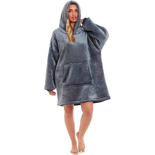 Oversized Hooded Blanket Sweatshirt Plush Sherpa Fur Grey Pink Giant Hoodie for Adults and Kids with Elastic Cuffs and Pocket by Daisy Dreamer