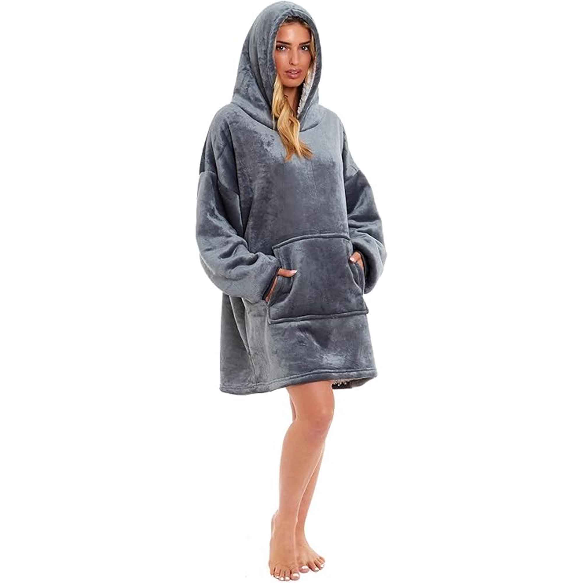 Daisy Dreamer Oversized Hooded Blanket Sweatshirt Plush Sherpa Grey Pink Giant Hoodie With Pocket And Elastic Cuffs For Adults And Kids