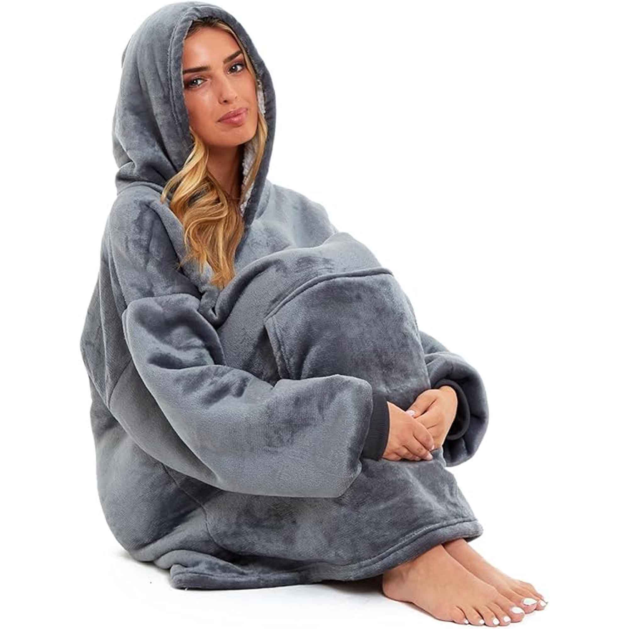 Daisy Dreamer Oversized Hooded Blanket Sweatshirt Plush Sherpa Grey Pink Giant Hoodie With Pocket And Elastic Cuffs For Adults And Kids