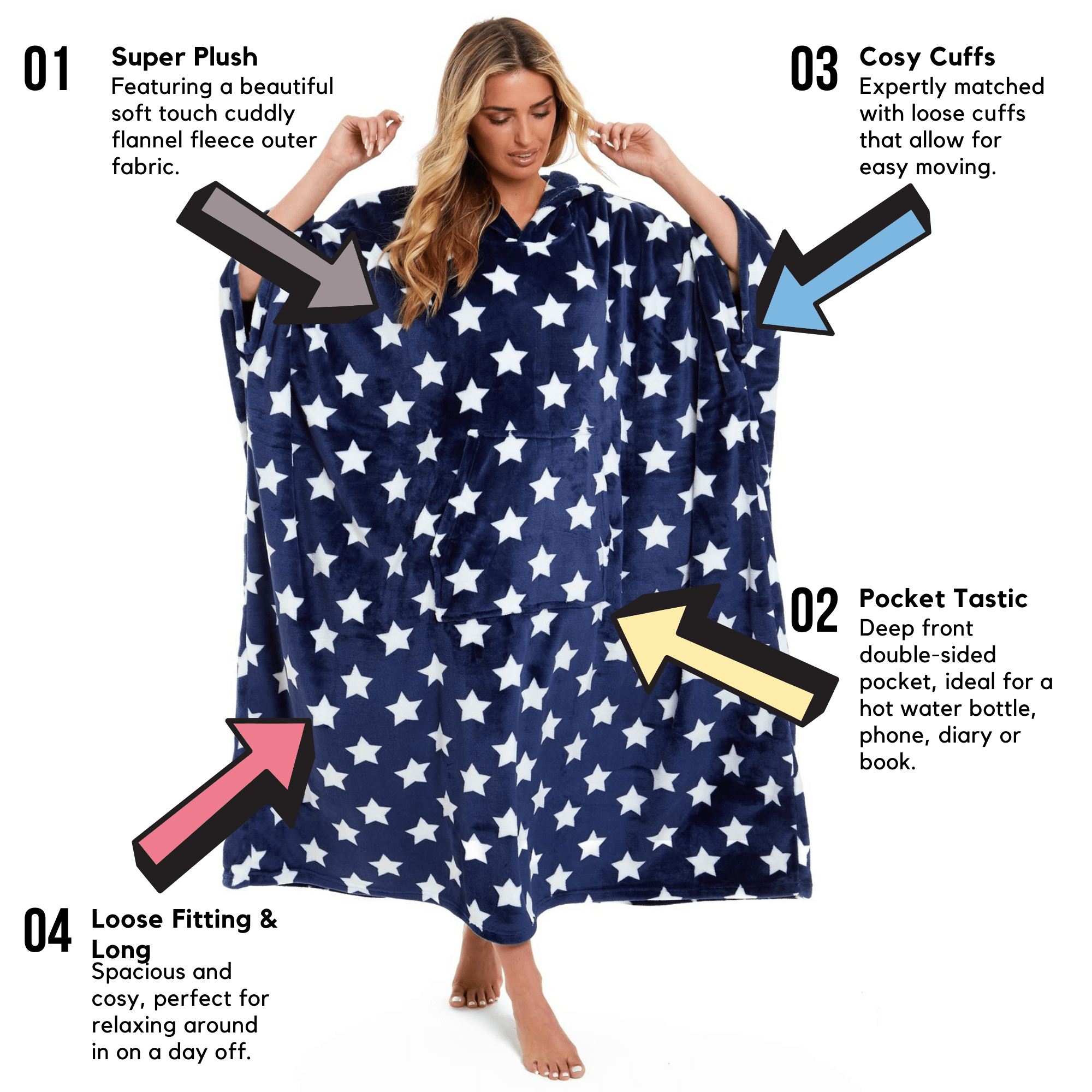 OLIVIA ROCCO Oversized Hooded Fleece Poncho Blanket Stars Polka Dots Wearable Plush Blanket Front Pocket For Adults Indoor Outdoor