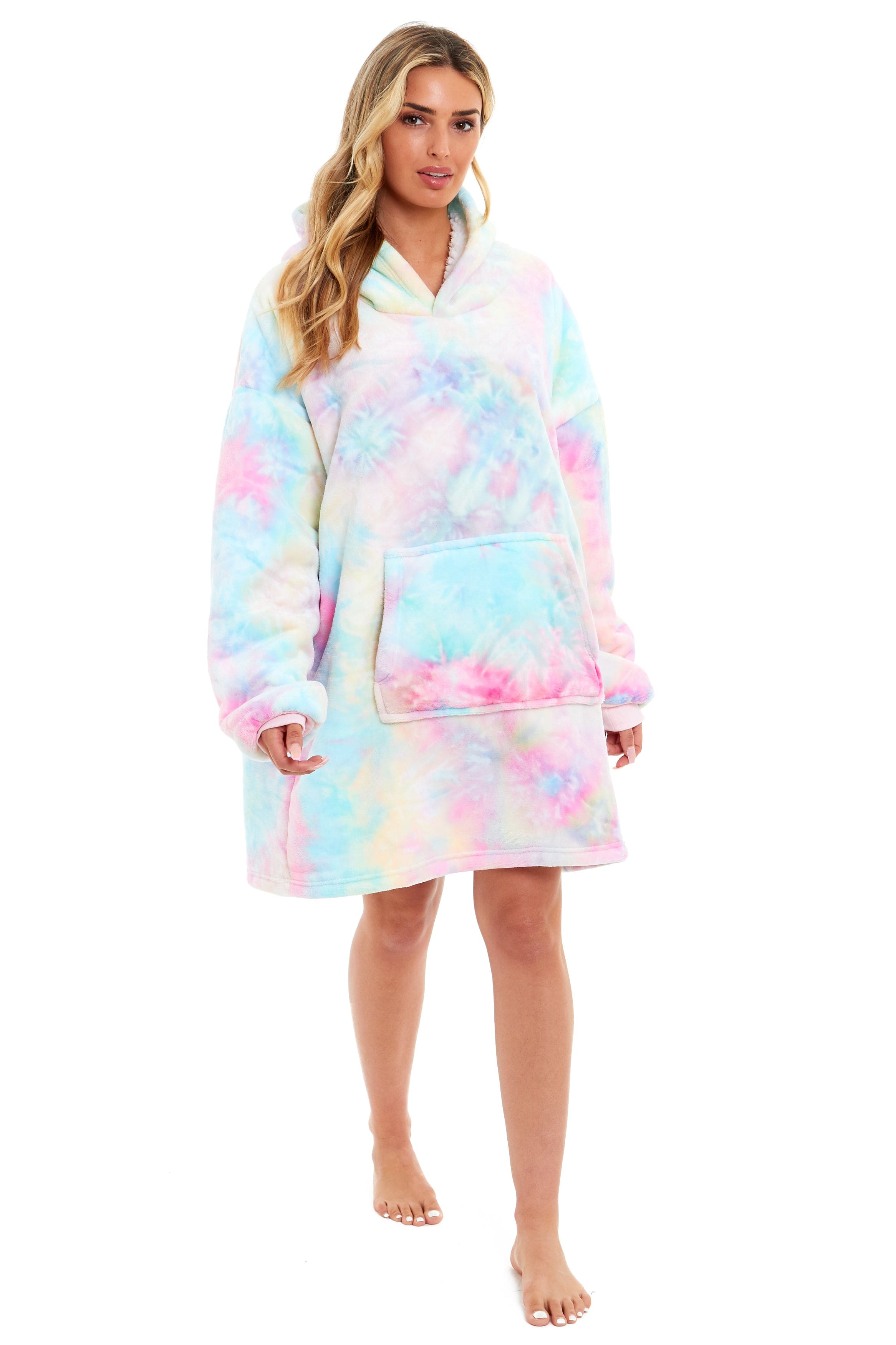 OLIVIA ROCCO Oversized Hooded Tie Dye Rainbow Plush Fleece Blanket With Reversible Sherpa Hoodie Sweatshirt For Adults And Kids Elastic Cuffs Pocket