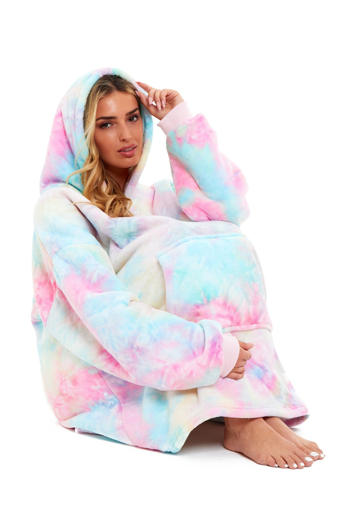 Oversized Tie Dye Rainbow Hooded Plush Fleece Blanket with Reversible Ultra Soft Sherpa, Giant Hoodie Sweatshirt for Adults and Kids with Elastic Cuffs and Pocket by Daisy Dreamer