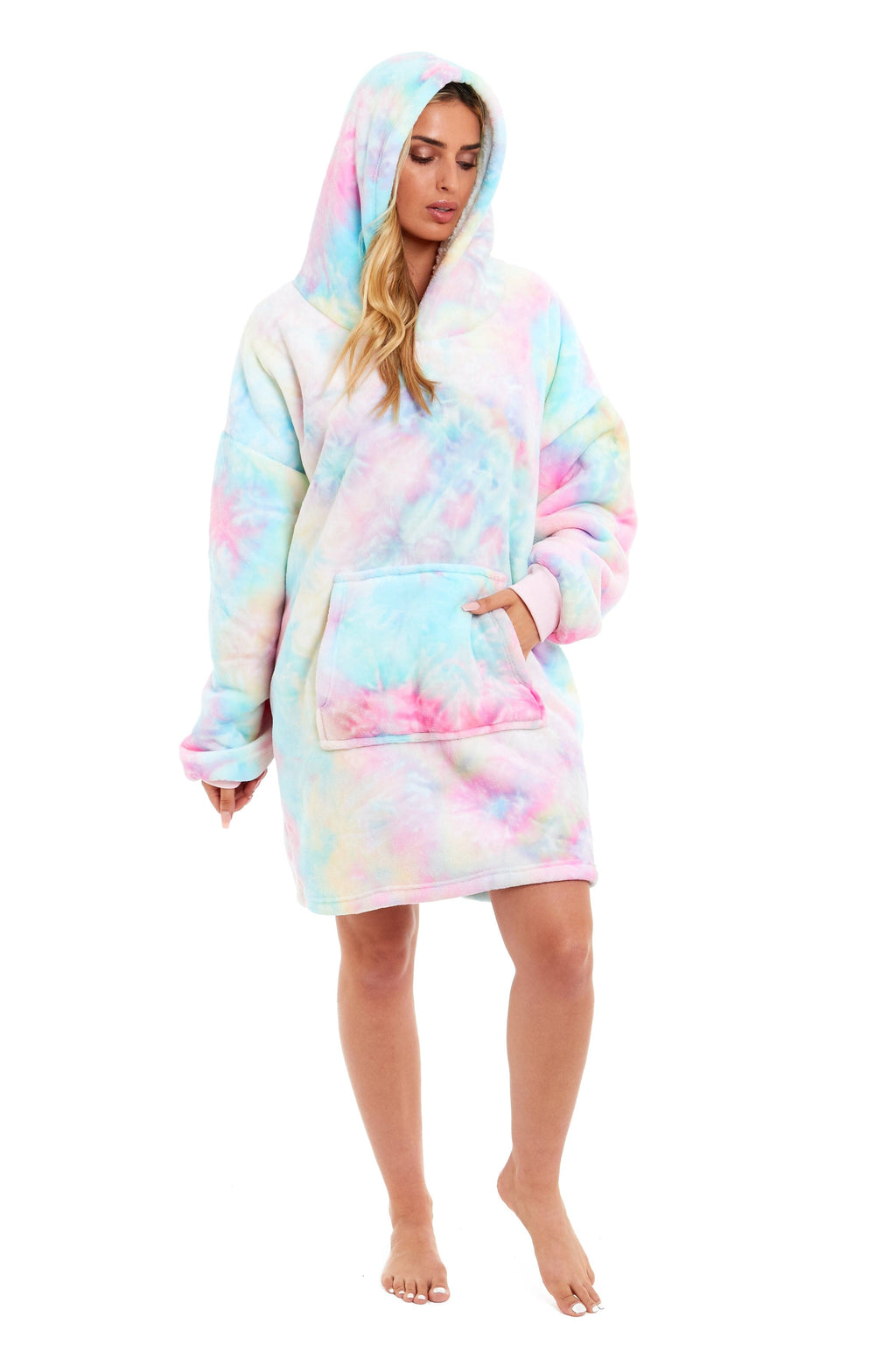 OLIVIA ROCCO Oversized Hooded Tie Dye Rainbow Plush Fleece Blanket With Reversible Sherpa Hoodie Sweatshirt For Adults And Kids Elastic Cuffs Pocket
