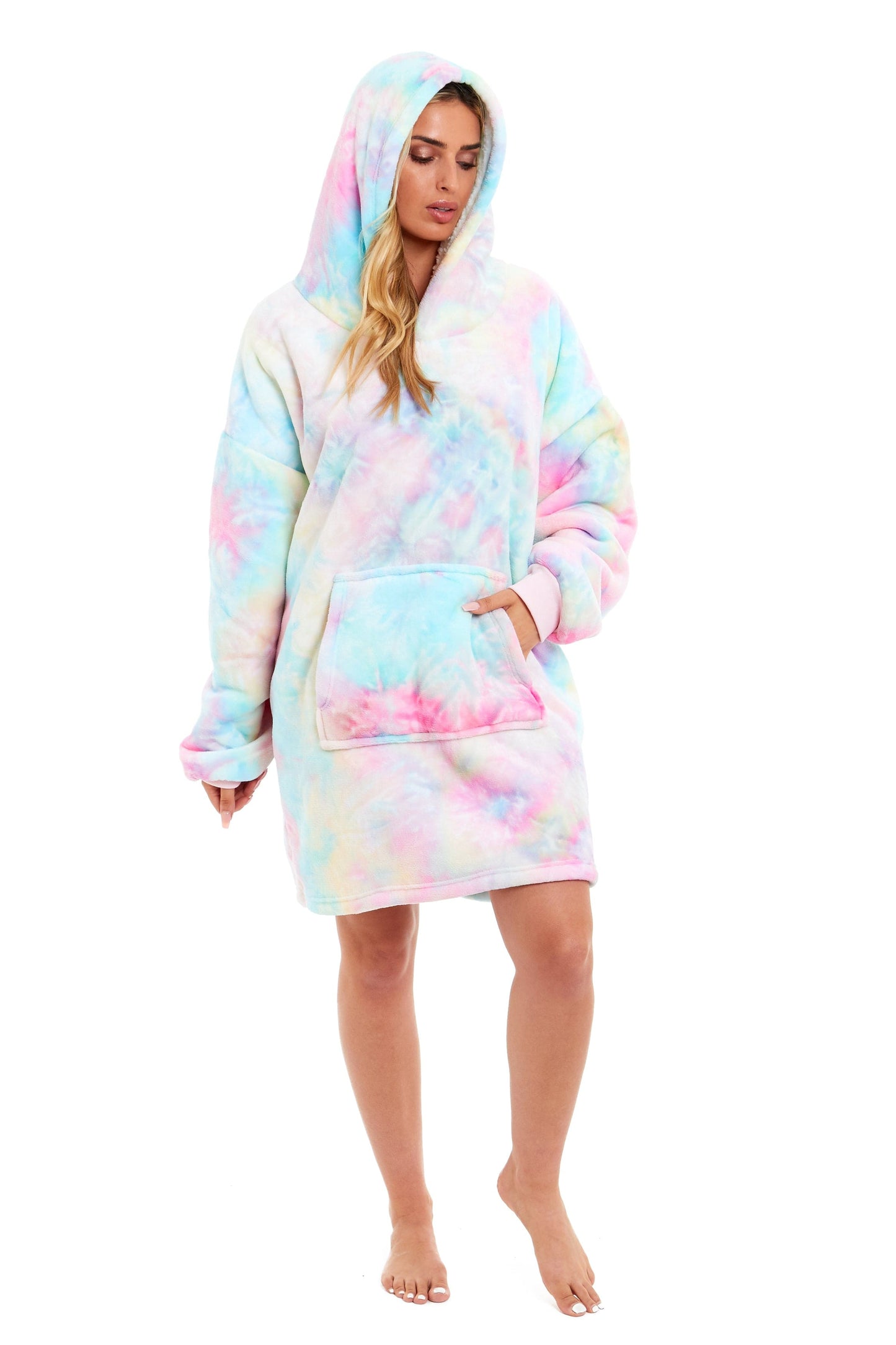 Oversized Tie Dye Rainbow Hooded Plush Fleece Blanket with Reversible Ultra Soft Sherpa, Giant Hoodie Sweatshirt for Adults and Kids with Elastic Cuffs and Pocket by Daisy Dreamer