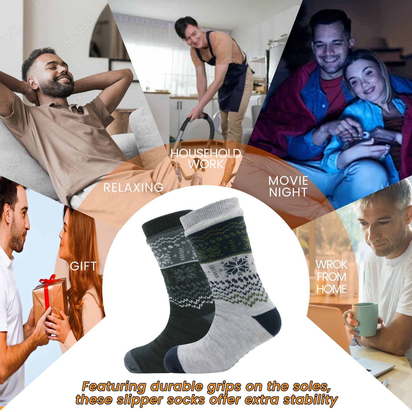 Pack of 2 Men's Chunky Knit Slipper Socks with Grips Thick Warm Non-Slip Indoor Bed Socks Gift by Sock Stack