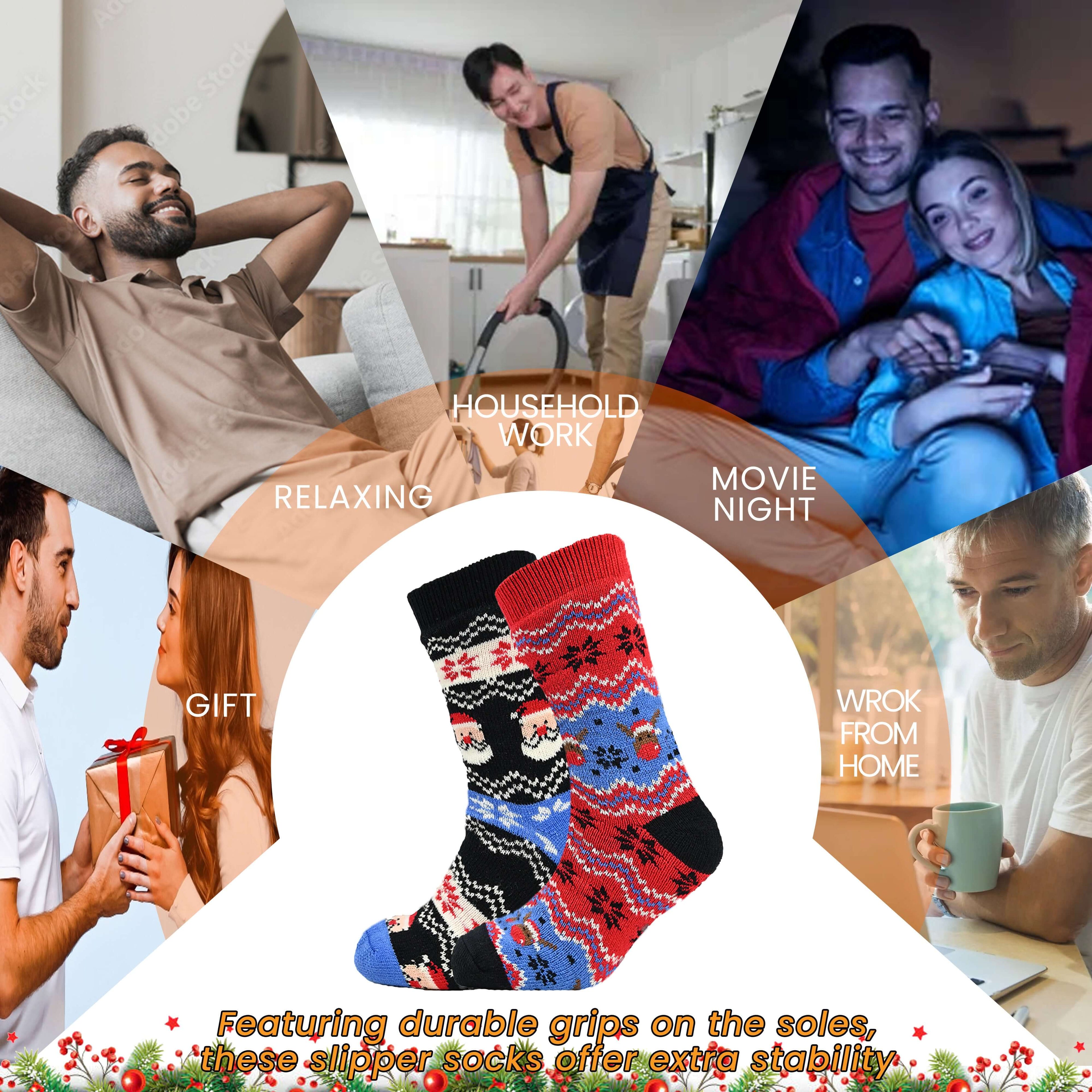 Sock Stack Pack Of 2 Men's Festive Chunky Knit Slipper Socks With Grips Thick Warm Non Slip Indoor Bed Socks For Home Use