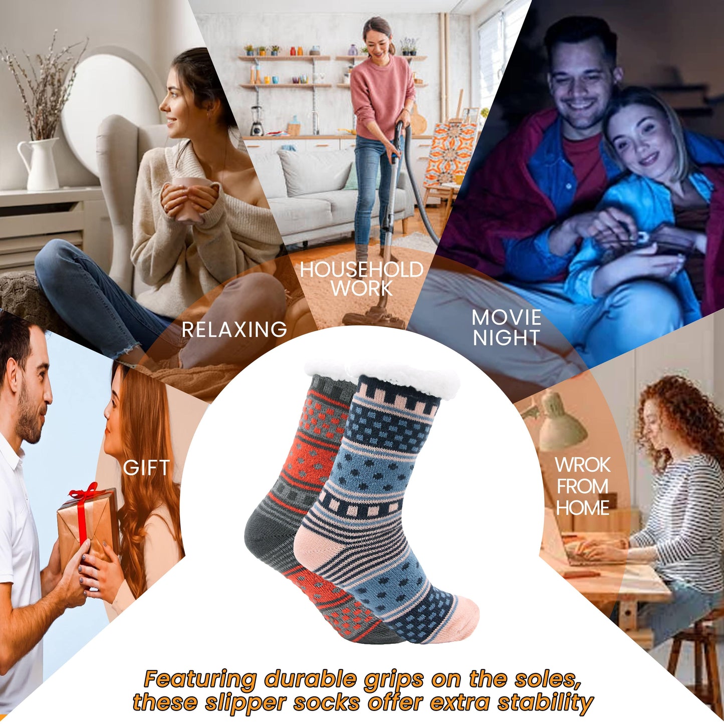 Pack of 2 Women's Fur Lined Chunky Slipper Socks Soft Warm & Cozy Winter Non-Slip Knitted Lounge Bed Socks by Socks Stack.