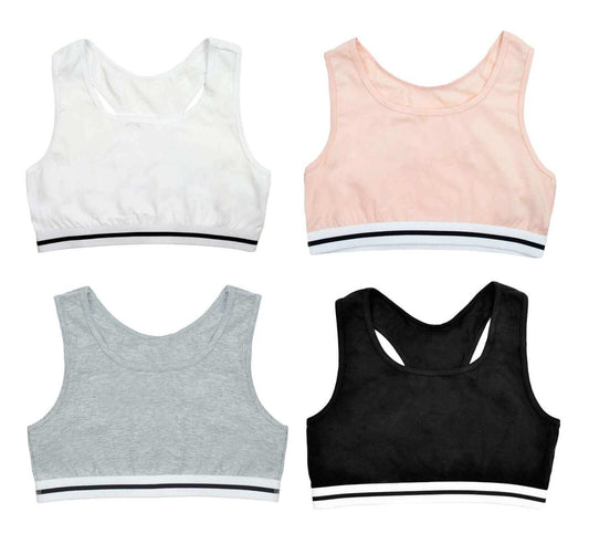 Pack of 4 Girls Seamless Sports Bralettes Racer Back Crop Top Training Bra Comfortable Stretchy Yoga Vest for Kids and Teens Ultimate Support by Daisy Dreamer