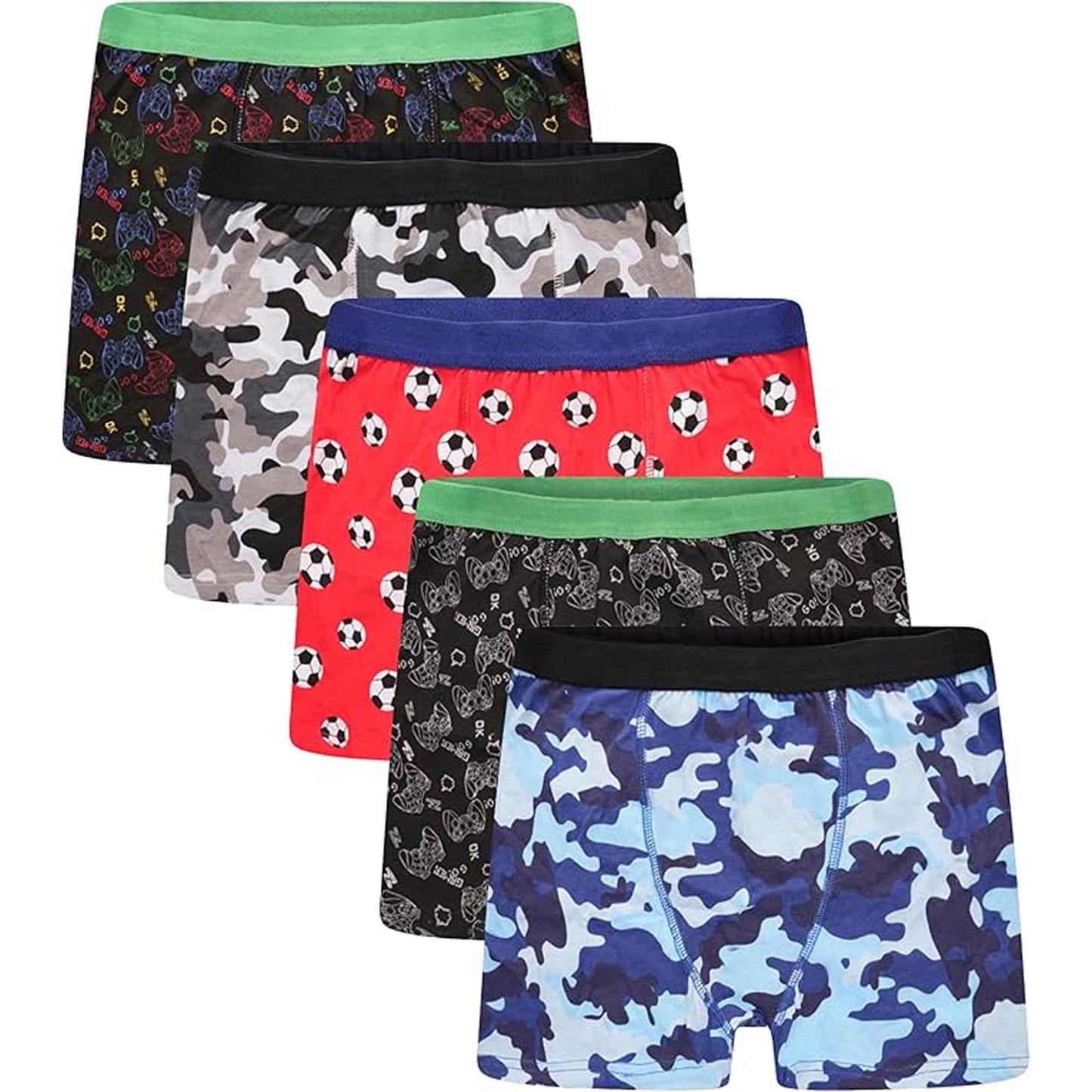 Pack of 5 Boys Boxer Shorts Cotton Rich Football Army Gamer Designs Elastic Waistband Comfortable Underwear for Active Kids by Sock Stack