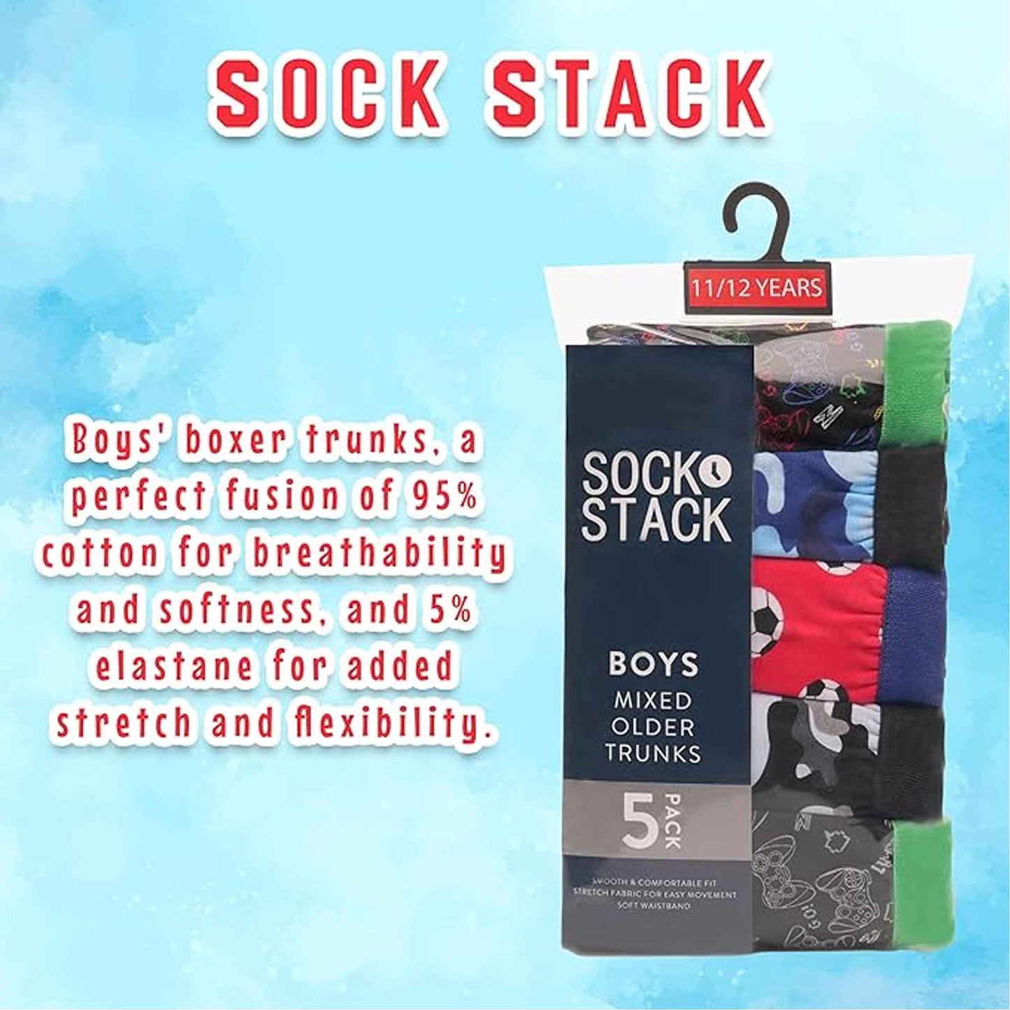 Pack of 5 Boys Boxer Shorts Cotton Rich Football Army Gamer Designs Elastic Waistband Comfortable Underwear for Active Kids by Sock Stack