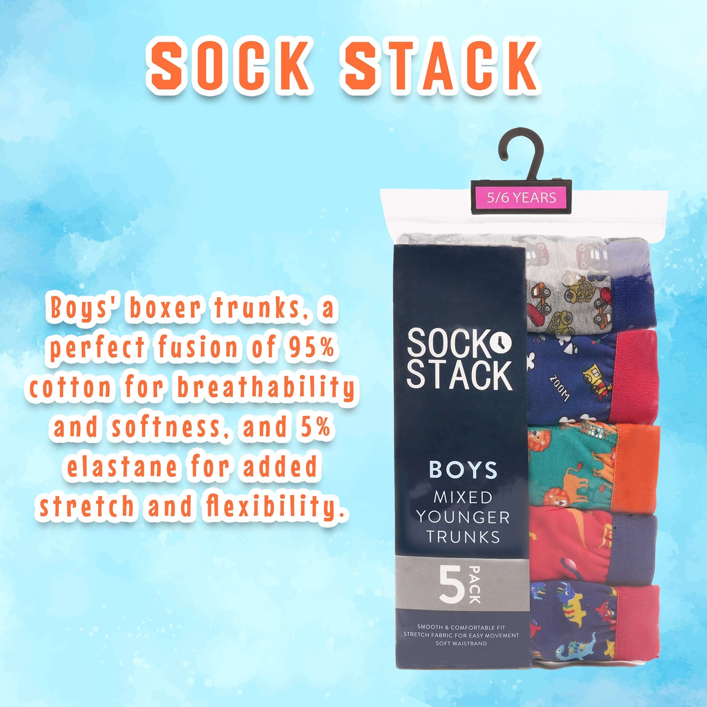 Pack of 5 Boys Boxer Shorts Fun Prints Comfortable Underpants Elastic Waistband Breathable Stretchable Kids Boxer Trunks for Everyday Wear by Sock Stack
