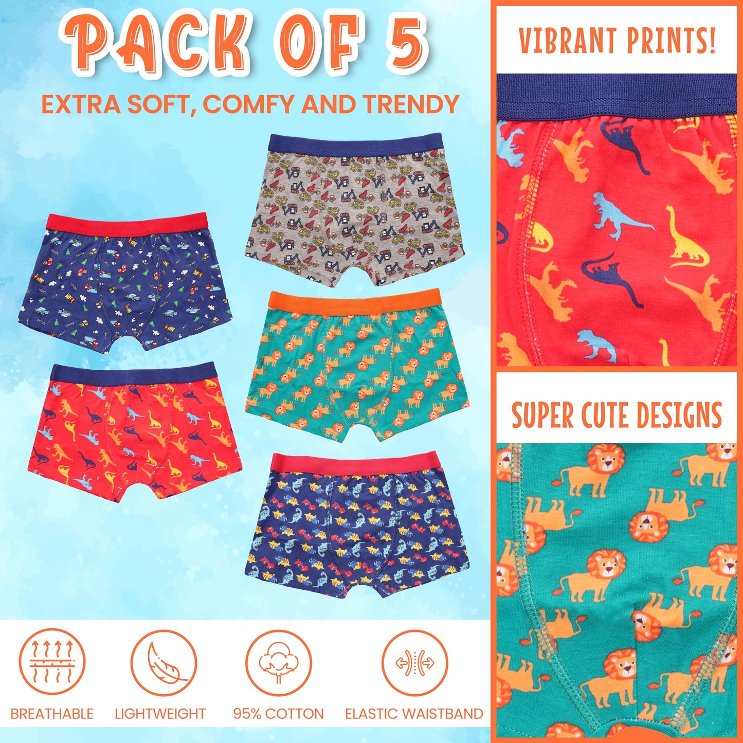 Pack of 5 Boys Boxer Shorts Fun Prints Comfortable Underpants Elastic Waistband Breathable Stretchable Kids Boxer Trunks for Everyday Wear by Sock Stack