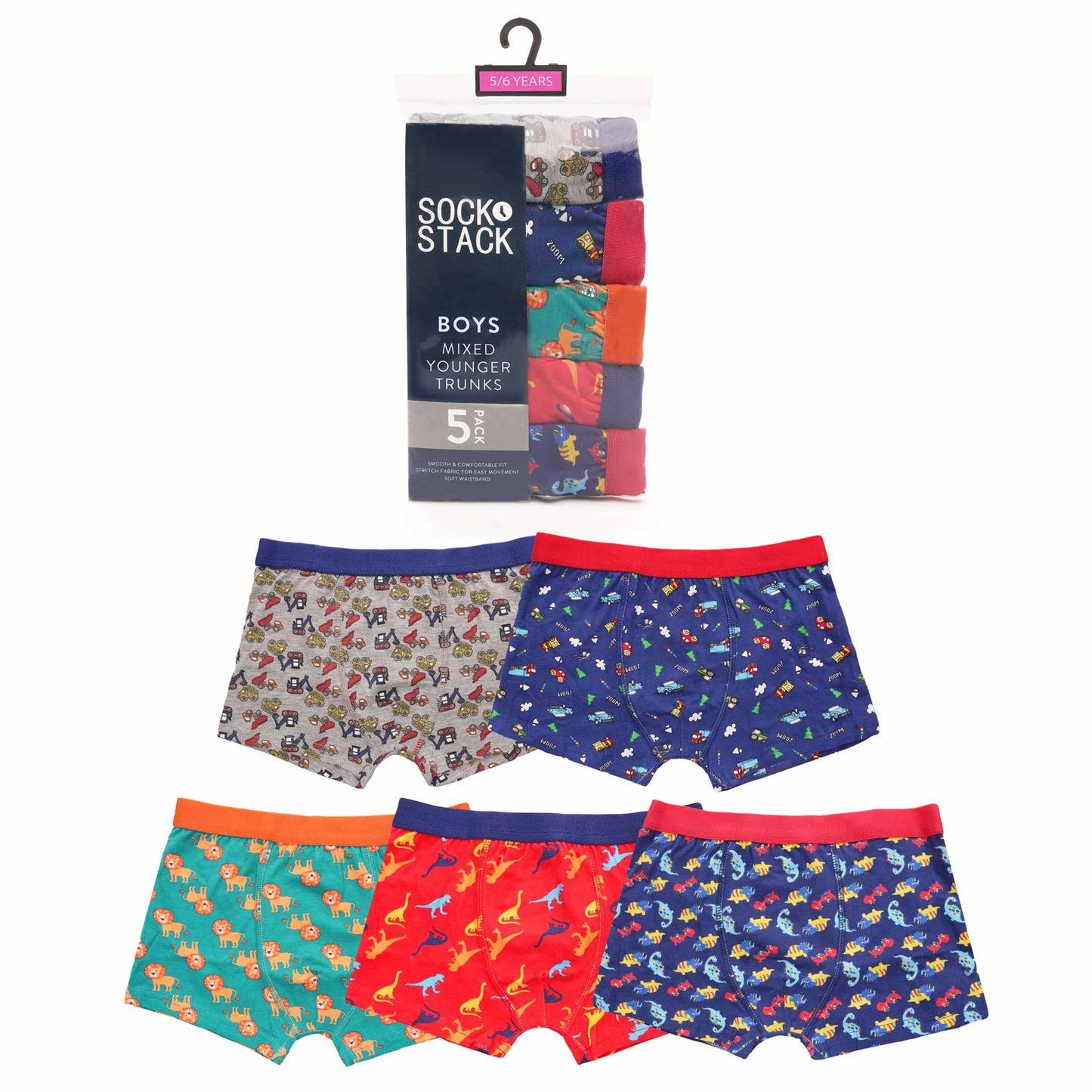 Pack of 5 Boys Boxer Shorts Fun Prints Comfortable Underpants Elastic Waistband Breathable Stretchable Kids Boxer Trunks for Everyday Wear by Sock Stack