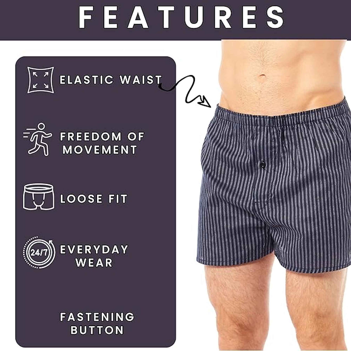 Pack of 6 Mens Loose Fit Boxers with Comfort Waistband Button Fly Breathable Cotton Blend Assorted Colours Premium Quality MB02 by Sock Stack