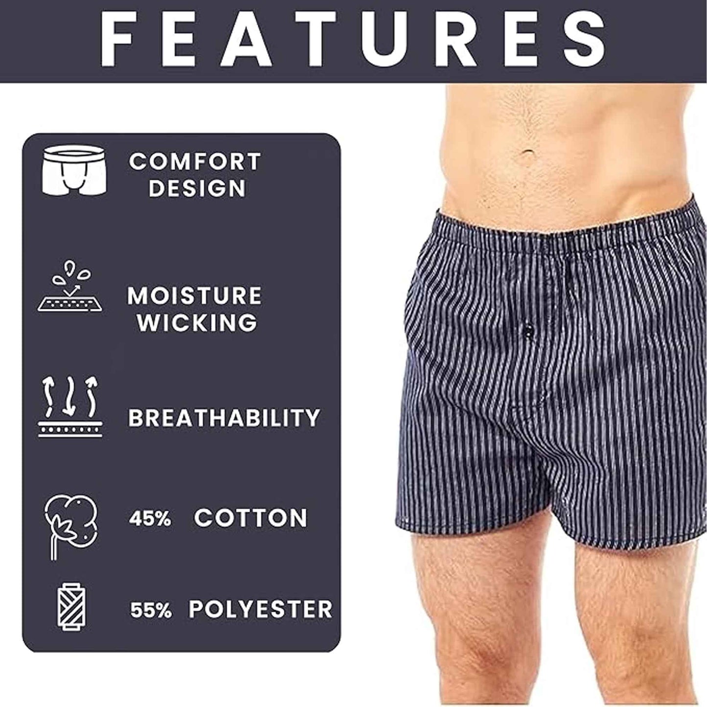 Pack of 6 Mens Loose Fit Boxers with Comfort Waistband Button Fly Breathable Cotton Blend Assorted Colours Premium Quality MB02 by Sock Stack