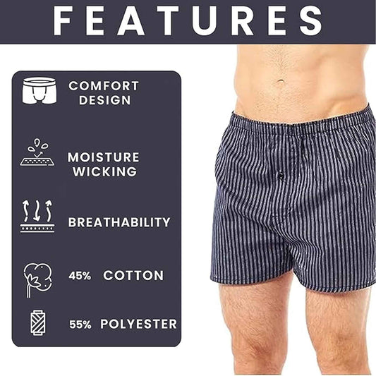 Pack of 6 Mens Loose Fit Boxers with Comfort Waistband Button Fly Breathable Cotton Blend Assorted Colours Premium Quality MB02 by Sock Stack