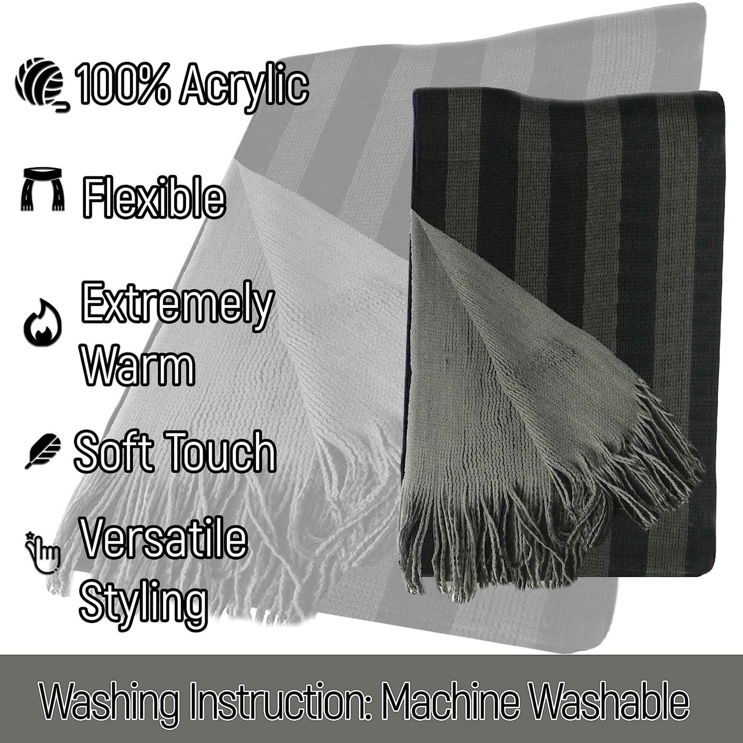 Reversible Stripe Design Men's Scarves Soft Woven Acrylic Fabric Winter Accessory Stylish for Casual and Formal Outfits 3 Colour Options Sock Stack