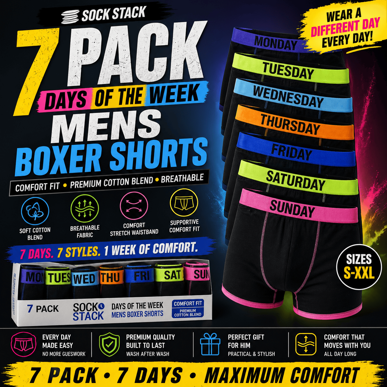 Sock Stack 7 Pack Days Of The Week Mens Boxer Shorts Comfort Fit Premium Cotton Blend