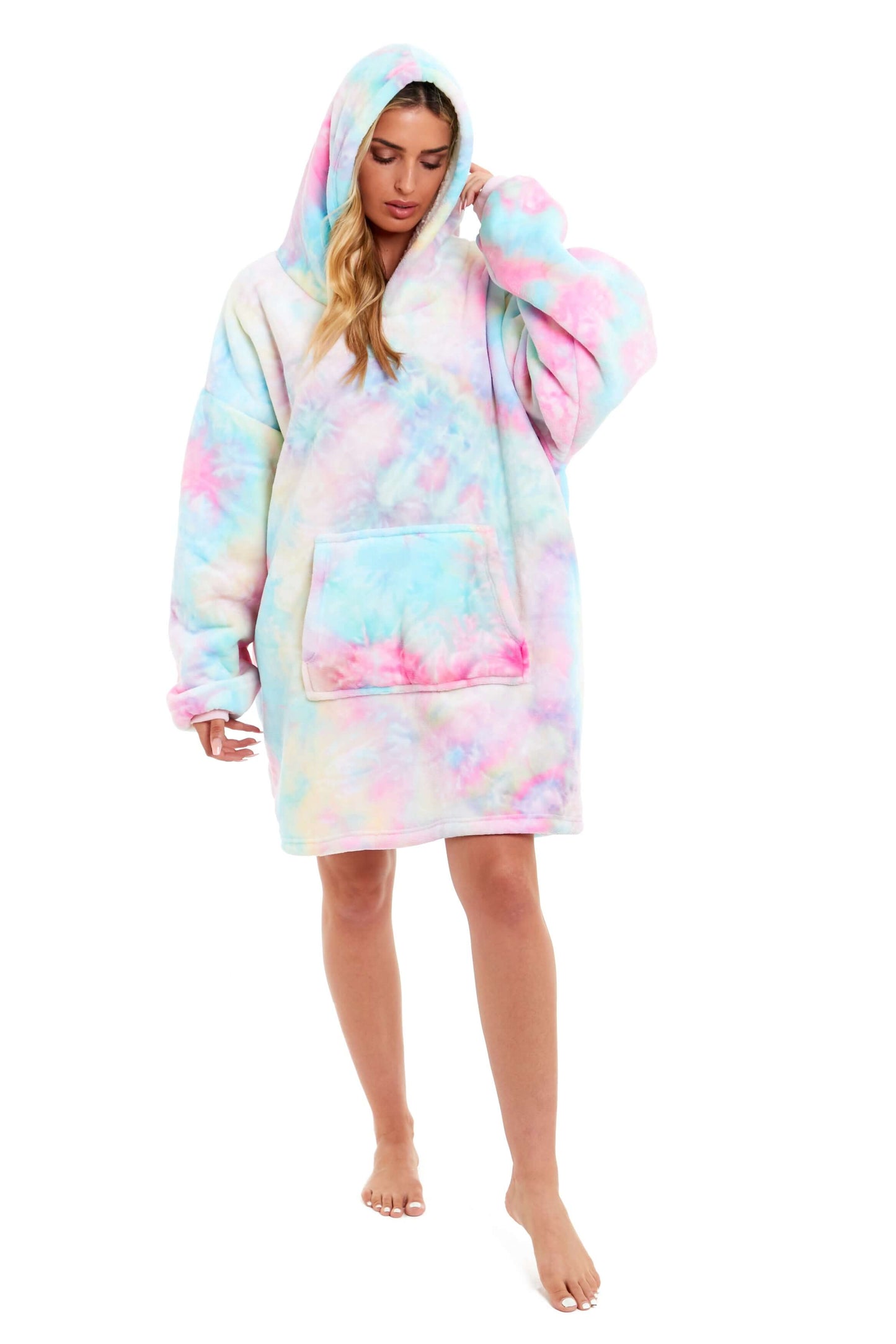 Tie Dye Rainbow Oversized Hooded Plush Fleece Wearable Blanket with Sherpa, Elastic Cuffs, and Double Pocket for Adults and Kids by Daisy Dreamer