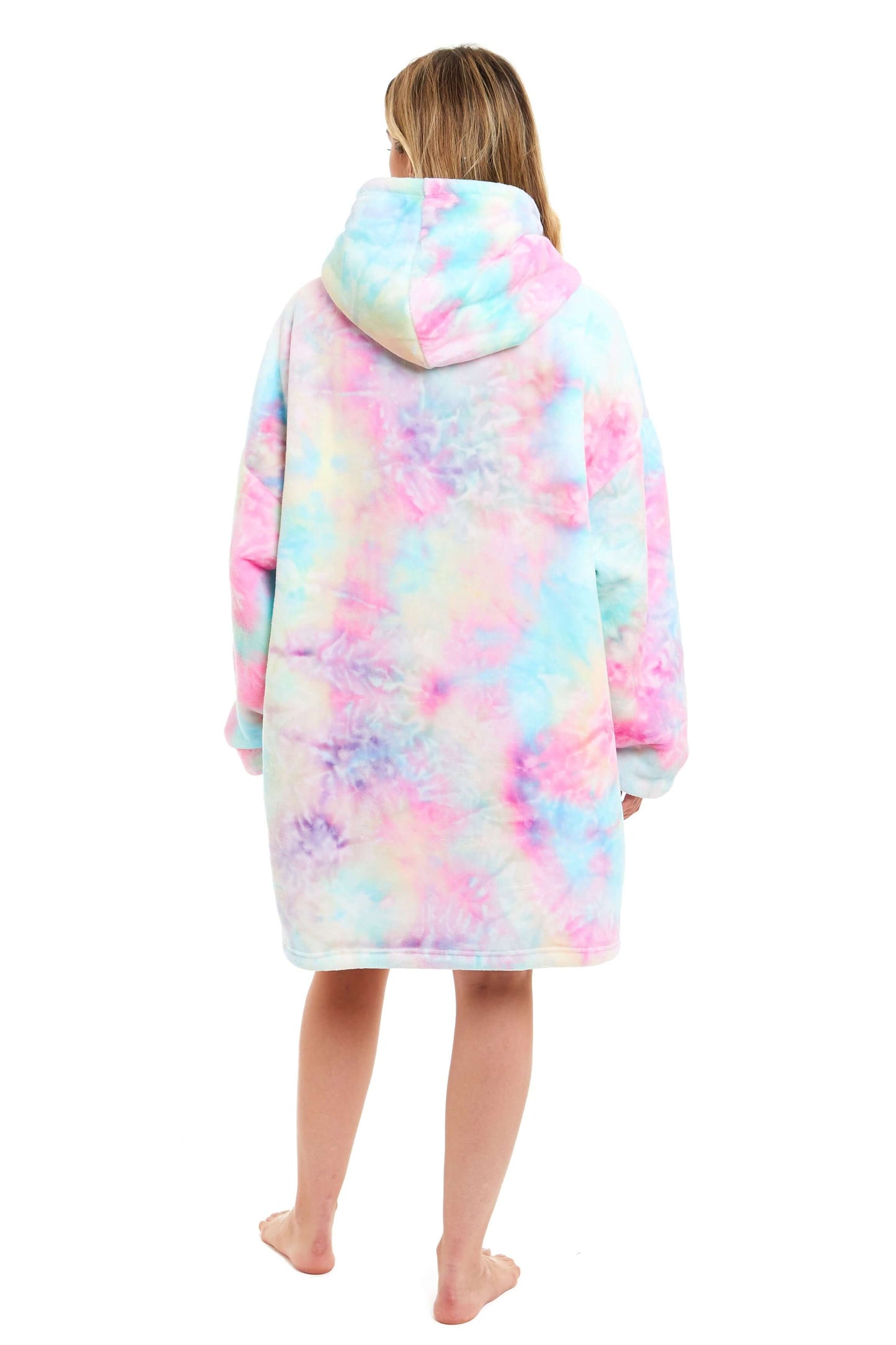 Tie Dye Rainbow Oversized Hooded Plush Fleece Wearable Blanket with Sherpa, Elastic Cuffs, and Double Pocket for Adults and Kids by Daisy Dreamer