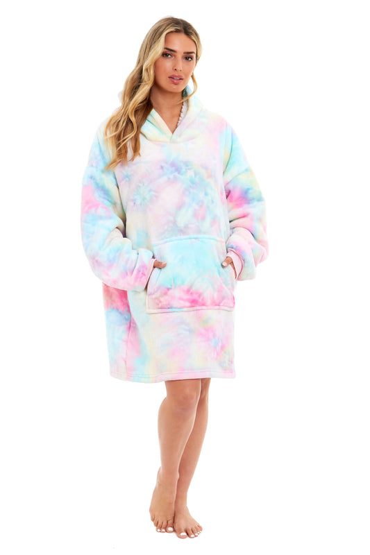Tie Dye Rainbow Oversized Hooded Plush Fleece Wearable Blanket with Sherpa, Elastic Cuffs, and Double Pocket for Adults and Kids by Daisy Dreamer