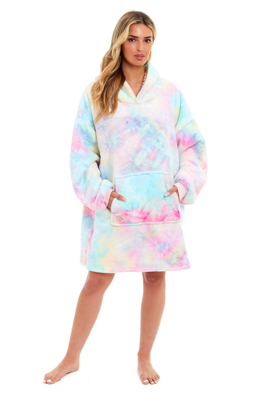 Tie Dye Rainbow Oversized Hooded Plush Fleece Wearable Blanket with Sherpa, Elastic Cuffs, and Double Pocket for Adults and Kids by Daisy Dreamer