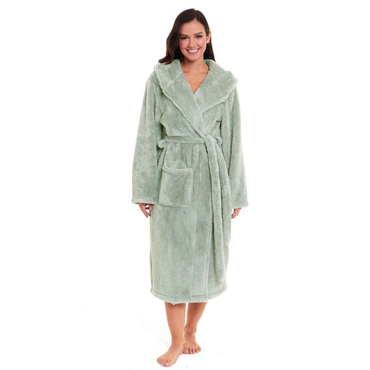 Women's Sage Green Snuggle Fleece Touch Hooded Robe Luxurious Soft Loungewear Cosy Durable Dressing Gown UK Sizes 8-22 by Daisy Dreamer