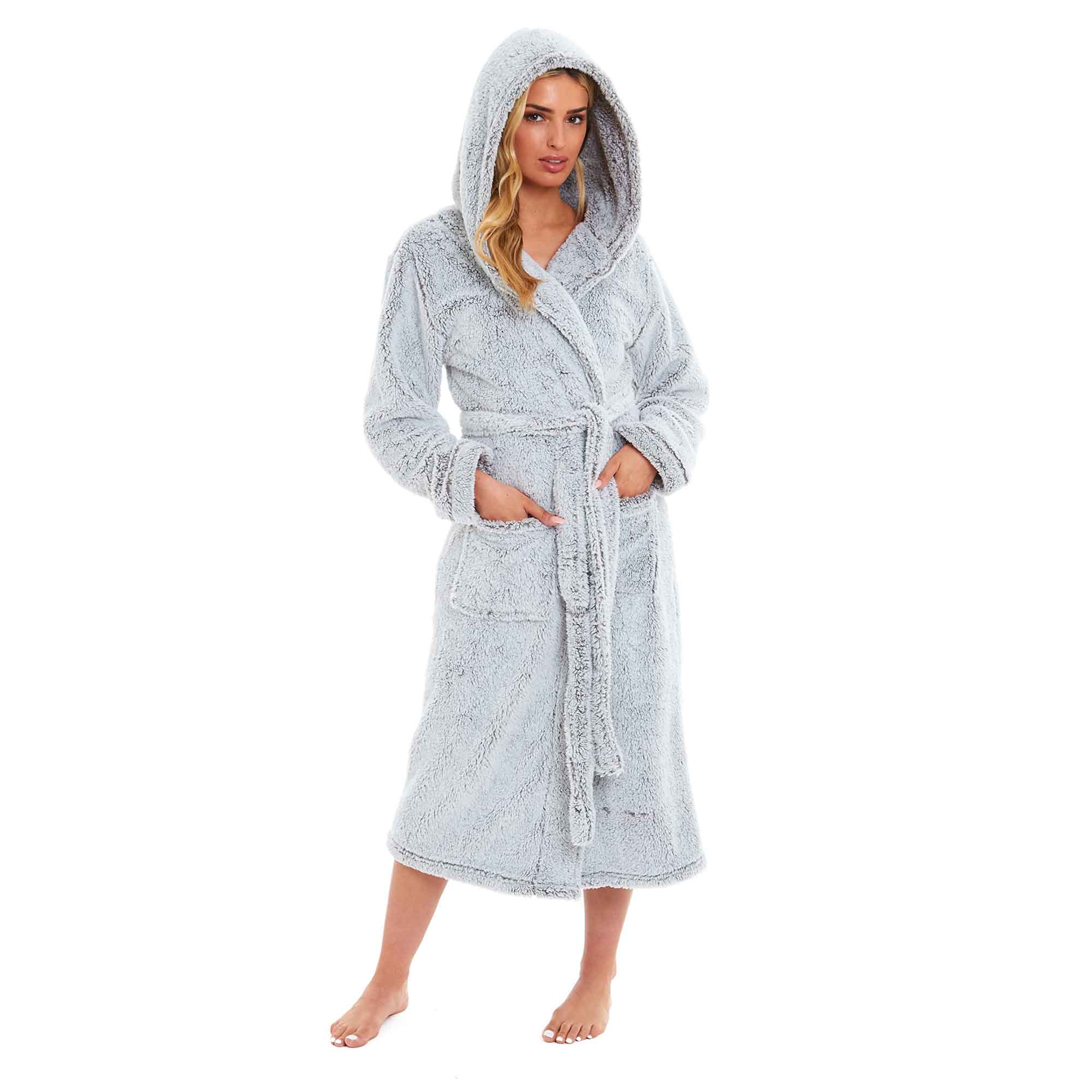 Daisy Dreamer Women's Fleece Hooded Robe Snuggle Touch Velvet-Soft Loungewear UK Sizes 8-22 Green Grey Pink Cozy Bath Spa Home