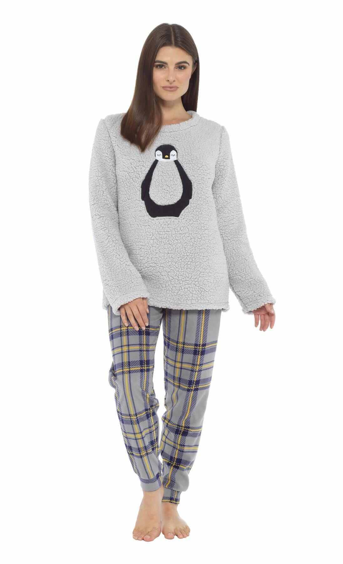 Ultra Soft Women's Teddy Fleece Pyjama Set Cozy Penguin Design Super Warm Sleepwear with Elasticated Waistband for Cold Nights by Daisy Dreamer