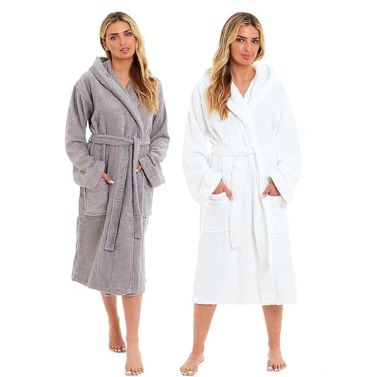 Luxurious Women's Bamboo Hooded Dressing Gown Ultra Absorbent Soft Towelling Robe for Spa Gym Home in Grey or White Sizes S to XL Daisy Dreamer