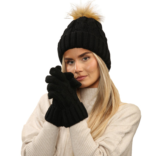 Women's Black Chunky Knit Winter Hat & Gloves Set Faux Fur Pom Pom Warm & Stylish Beanie for Ladies By Heatwave Thermalwear