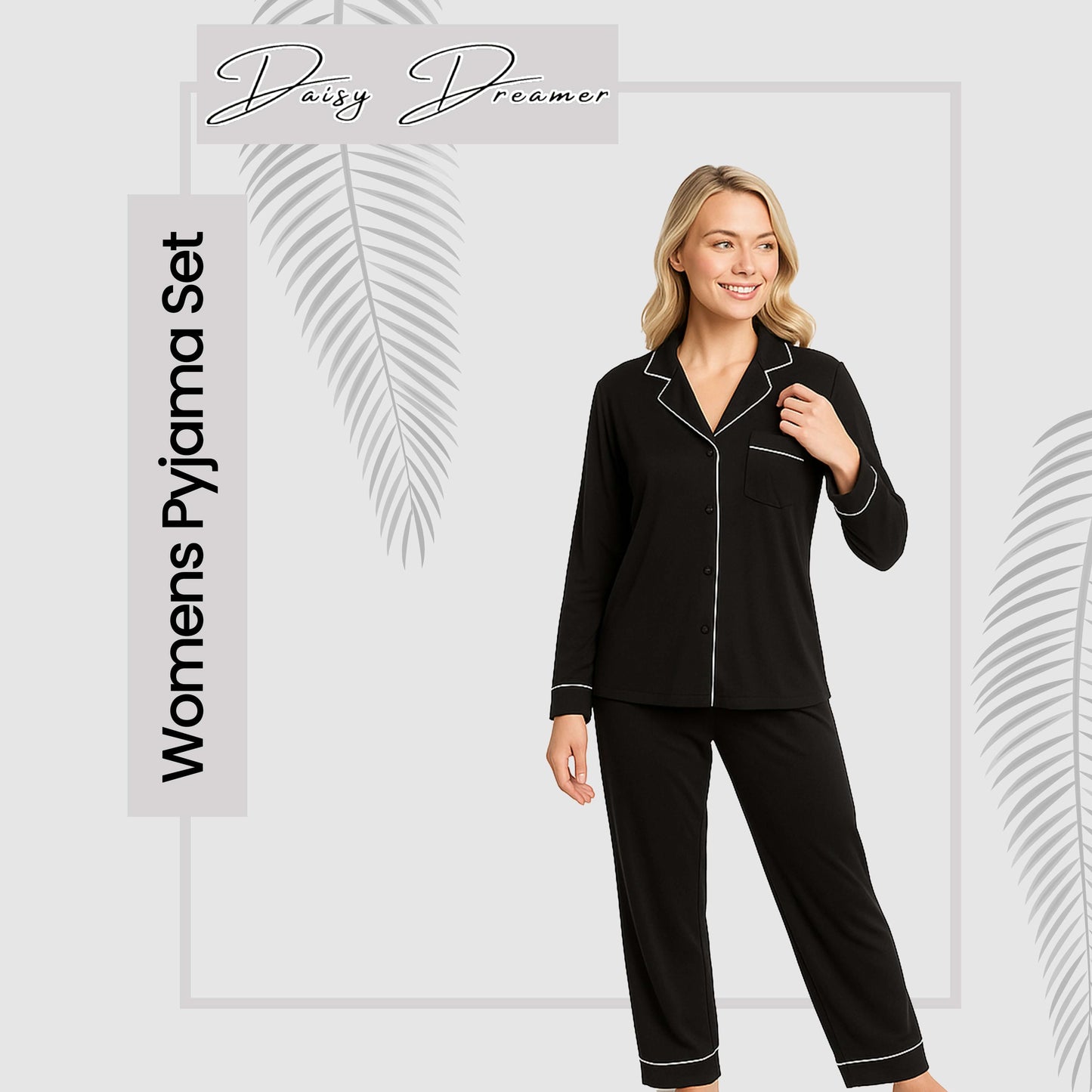 Women's Black Pyjama Set Soft Touch Long Sleeve Button-Up Top & Bottoms Two-Piece Nightwear by Daisy Dreamer